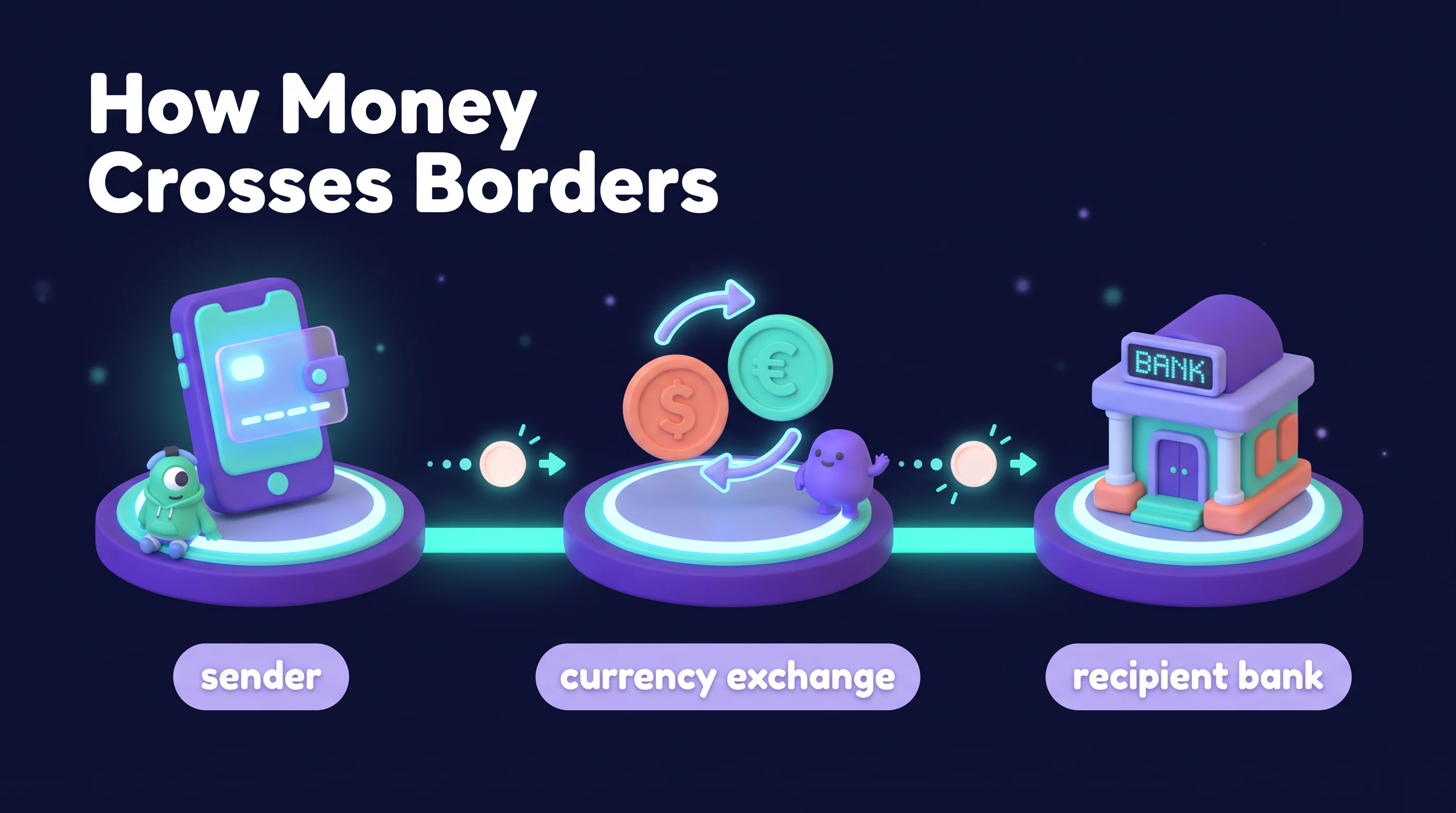 How money crosses borders, in the Matte 3D Characters style