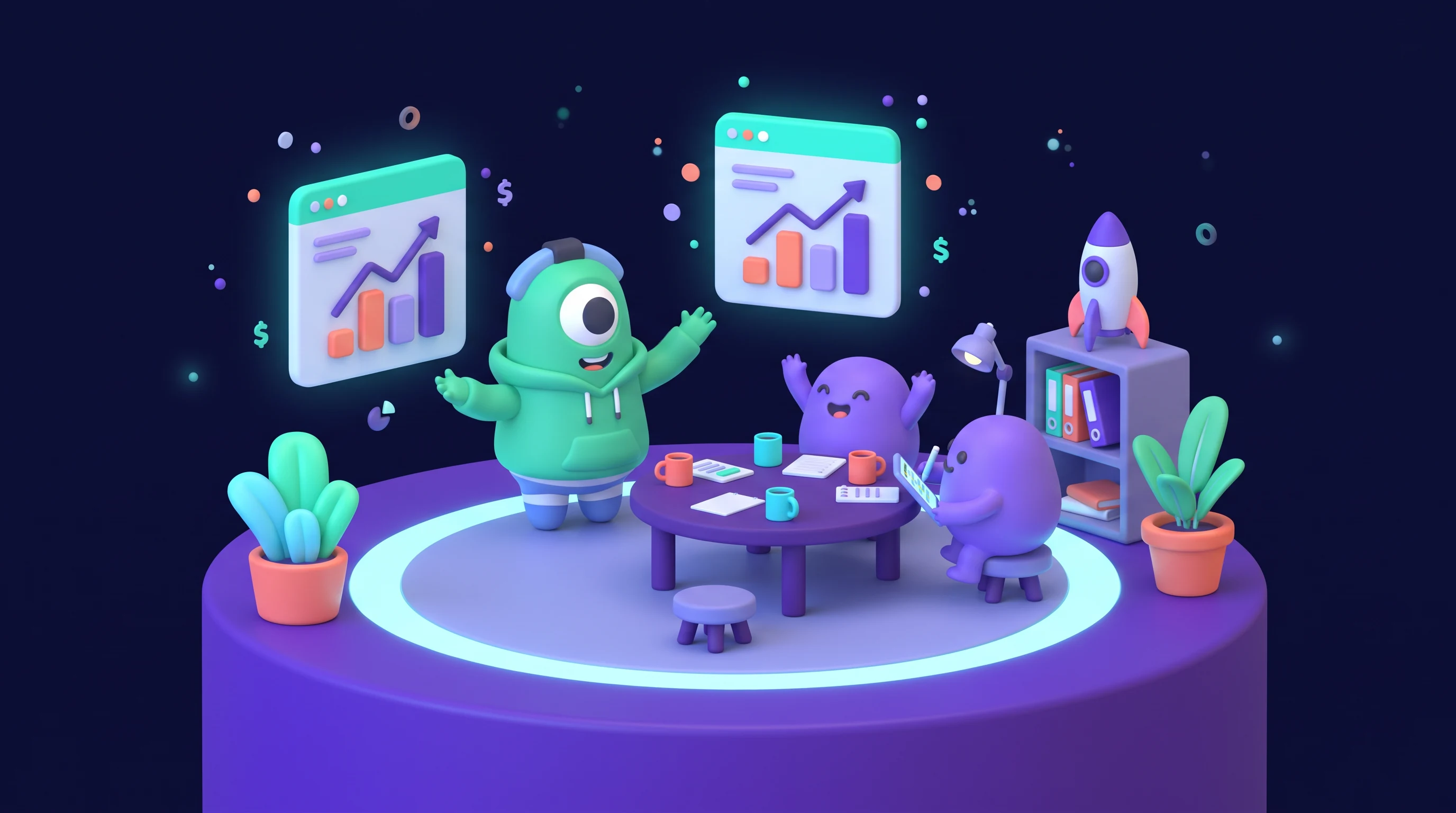 A startup team meeting, in the Matte 3D Characters style