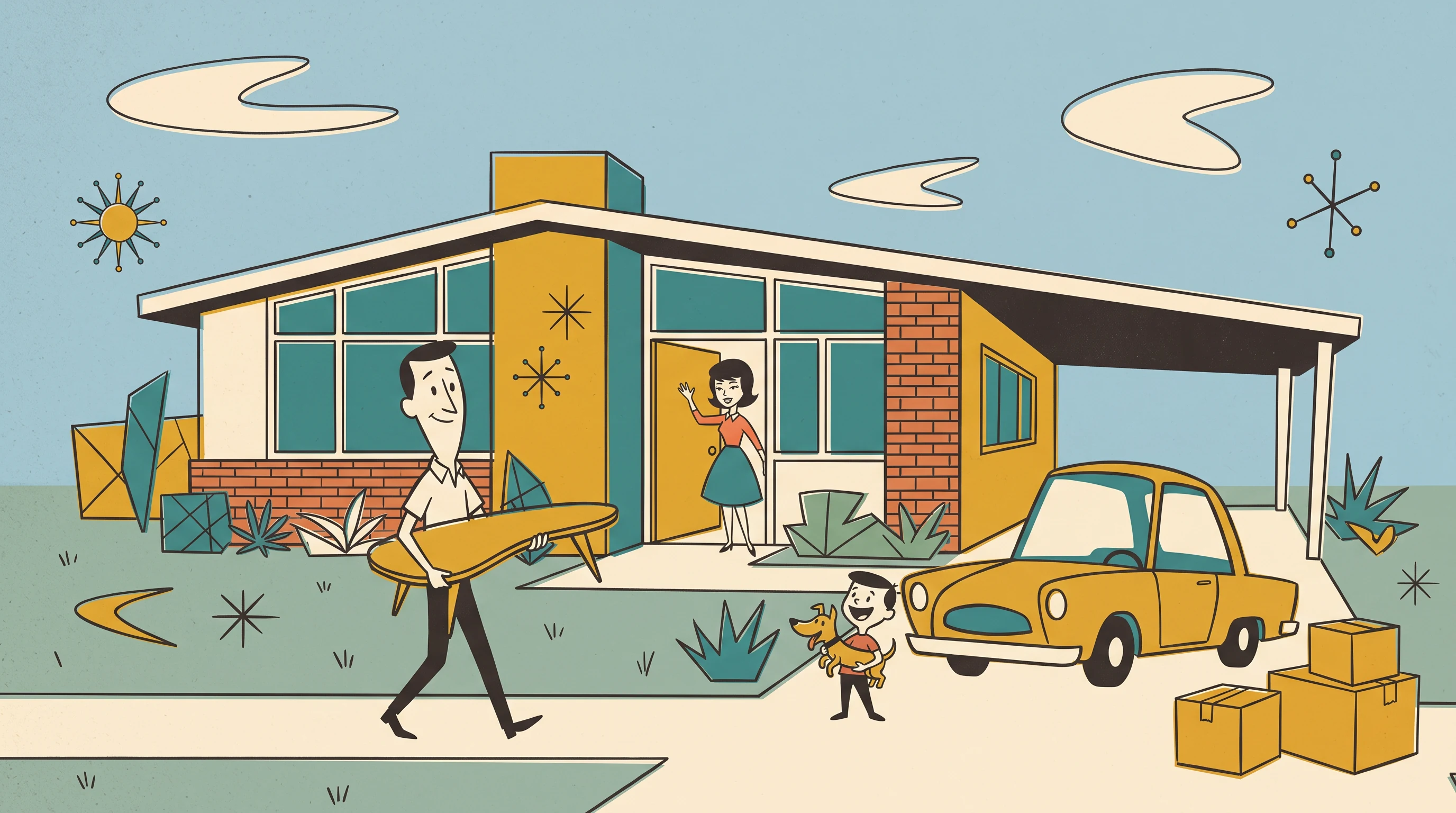 Mid-Century Cartoon animation style: 1950s limited animation with angular characters, mustard, teal and coral, boomerangs and starbursts.