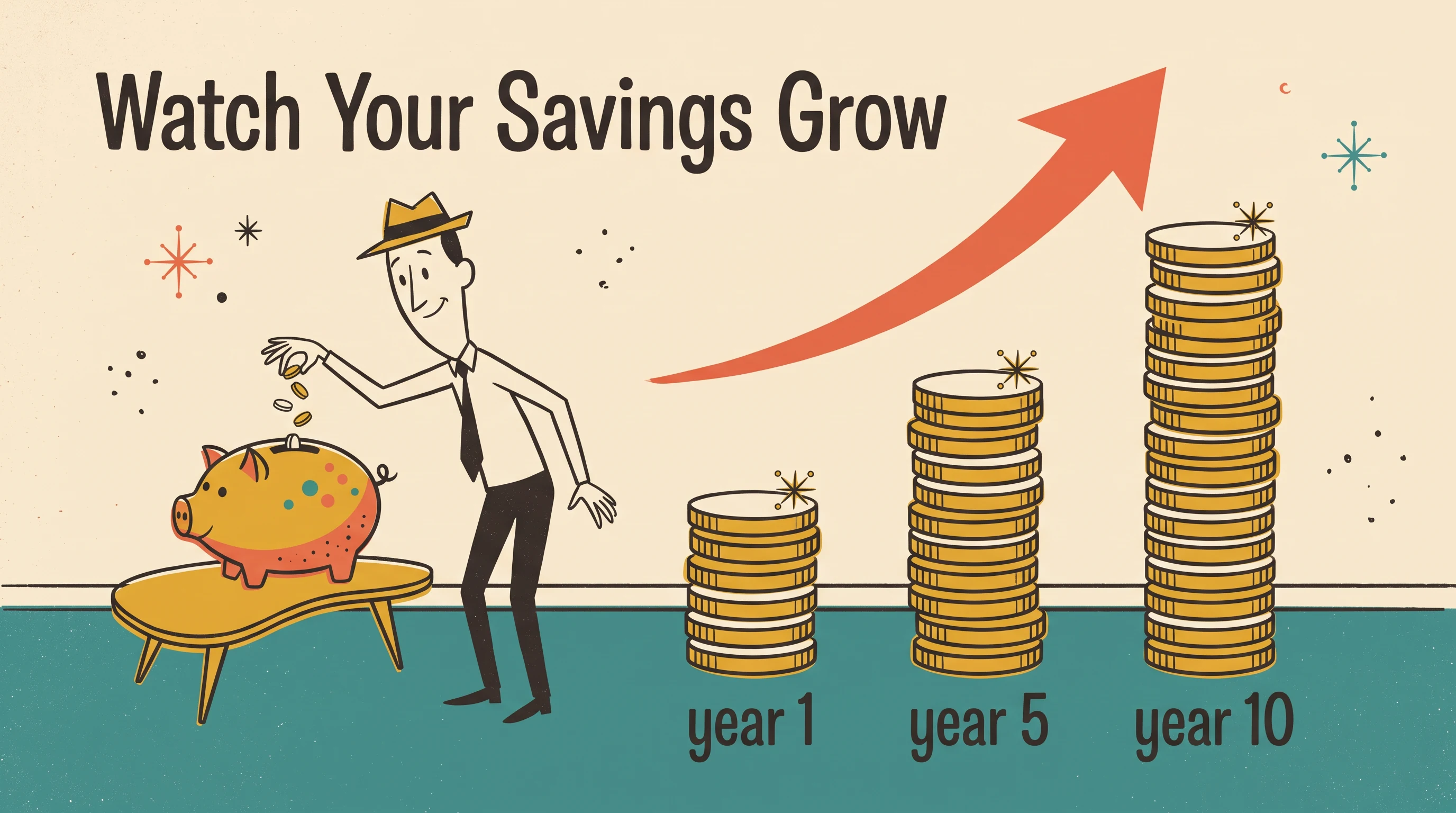 Watch your savings grow, in the Mid-Century Cartoon style