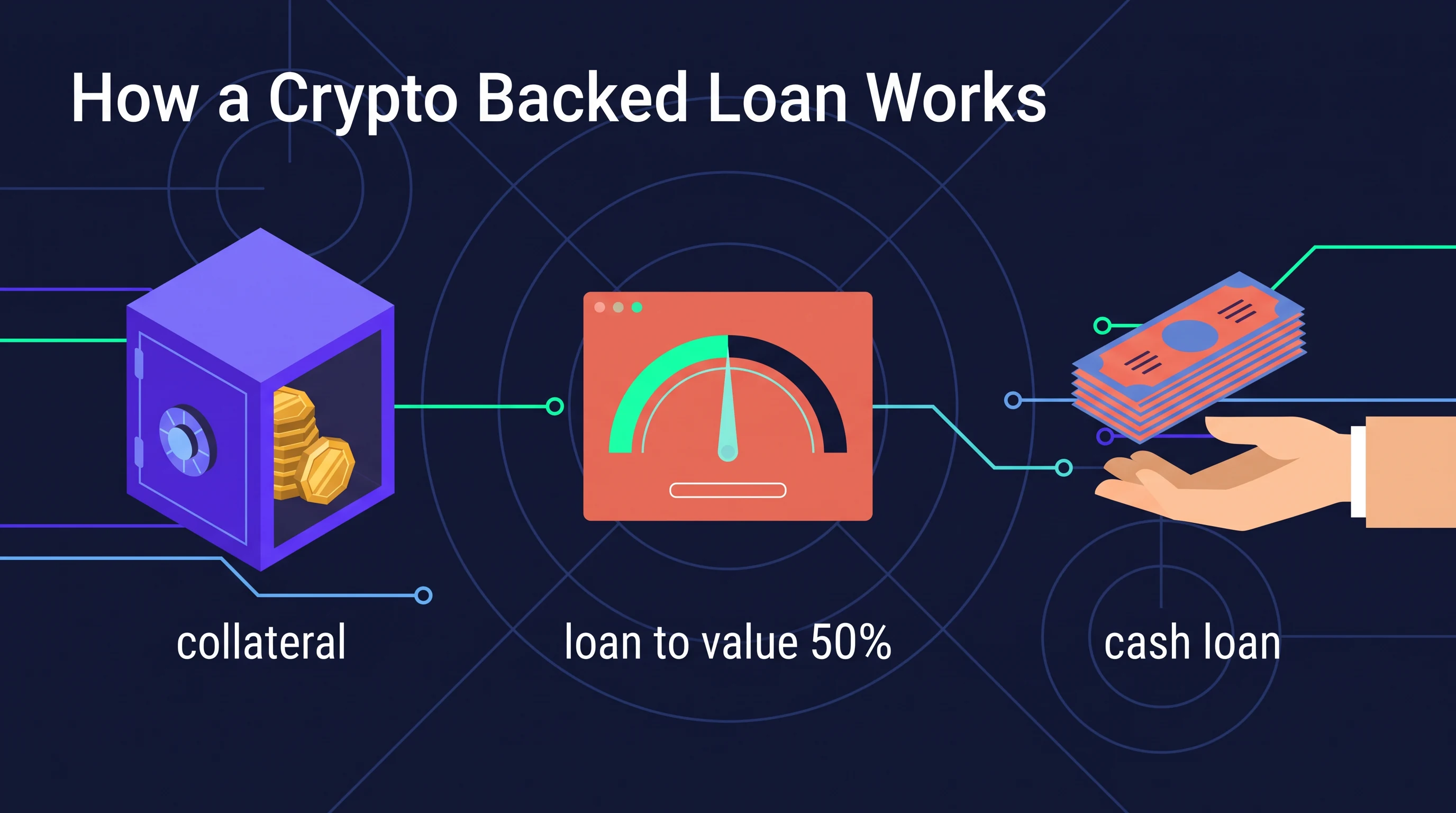 How a crypto backed loan works, in the Midnight Fintech Geometric style