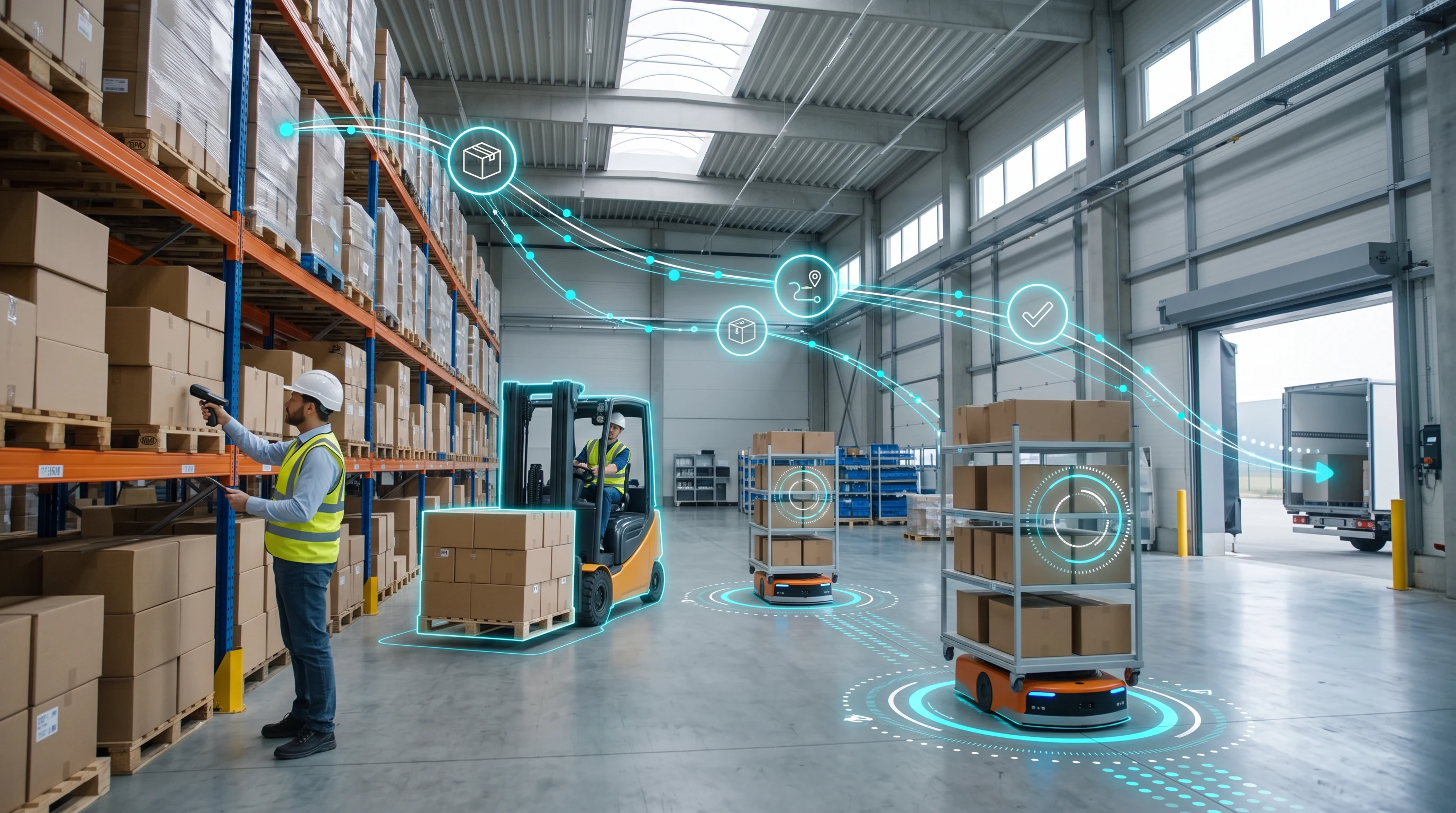Mixed Reality Enterprise animation style: Real workplace photography with polished glowing overlays: traced outlines, glass data cards, HUD rings and flowing data lines.
