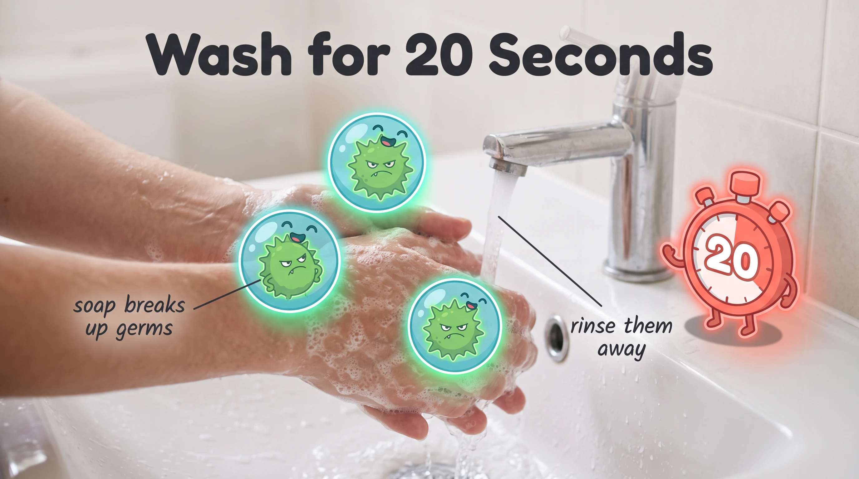 Wash for 20 seconds, in the Mixed Reality Health style