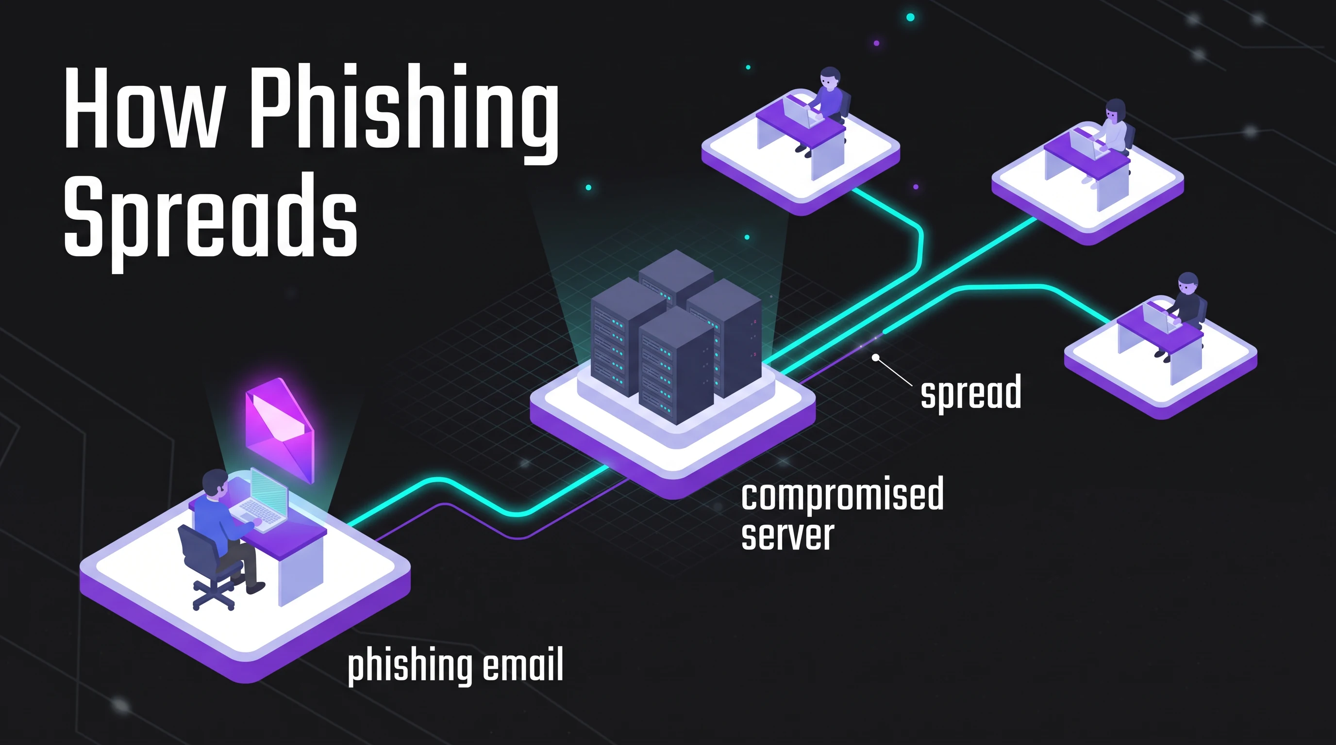 How phishing spreads, in the Neon Grid Isometric style