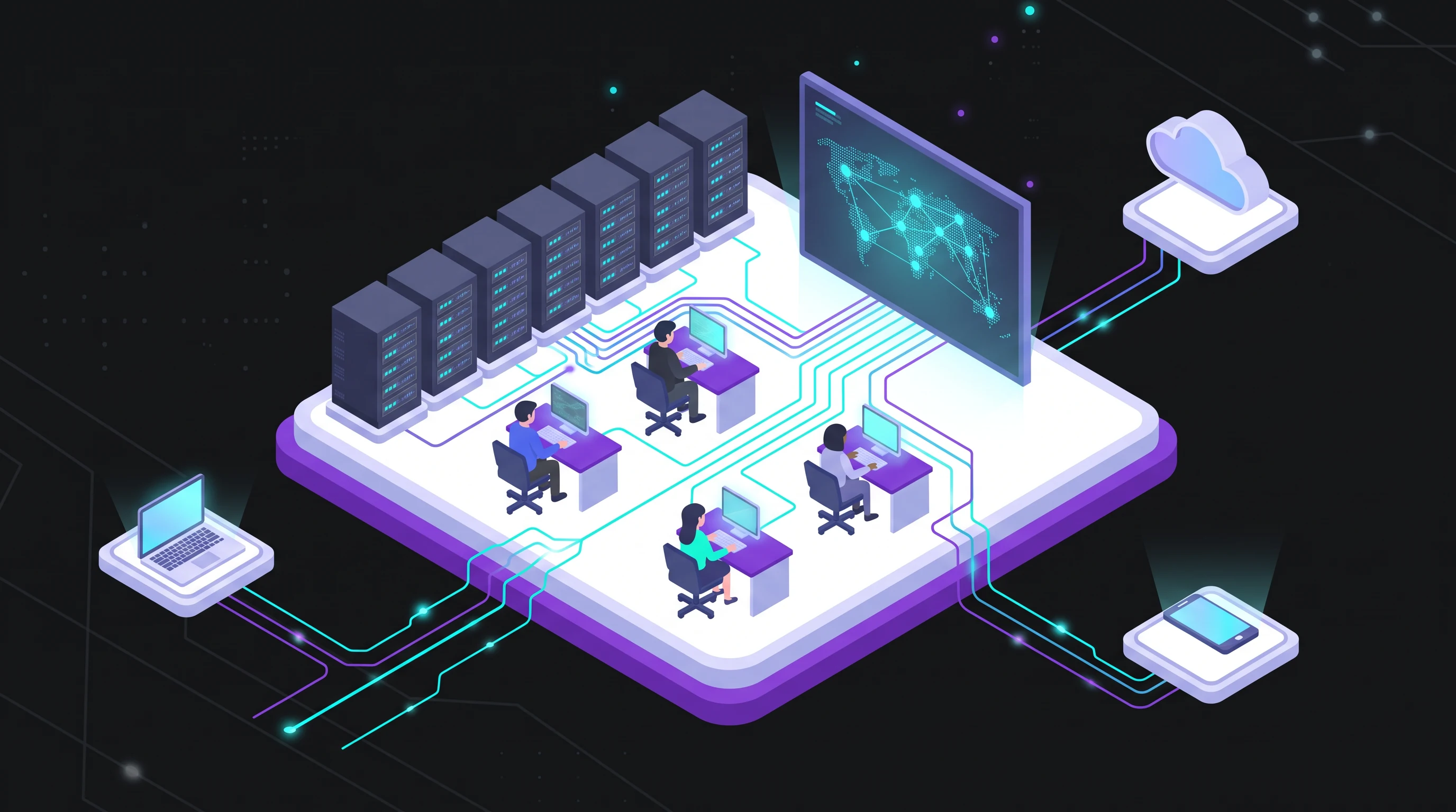 Neon Grid Isometric animation style: Dark mode 2.5D isometric trays in a black void, wired together by glowing cyan and violet circuit traces.