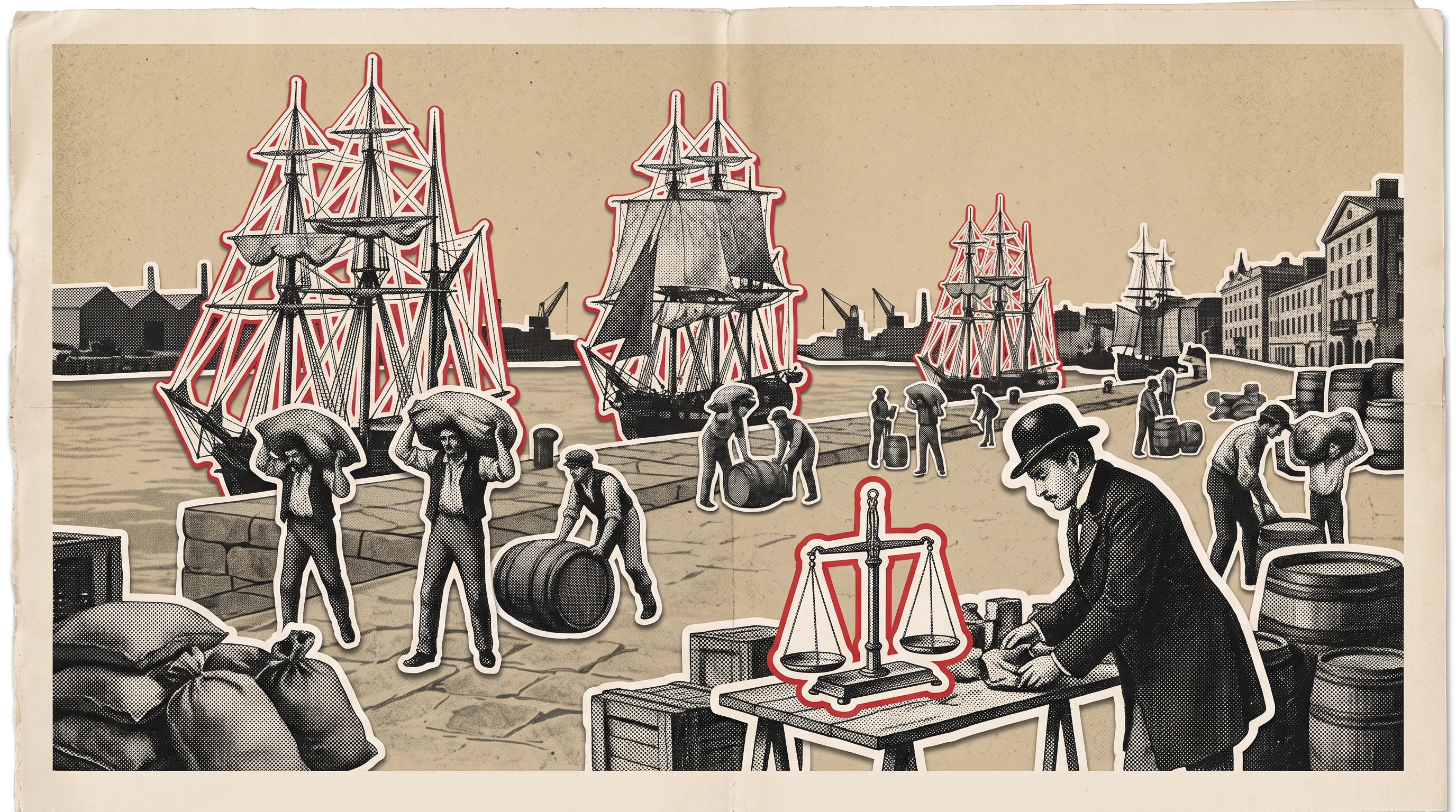 The rise of a trading port, in the Newsroom Paper Collage style