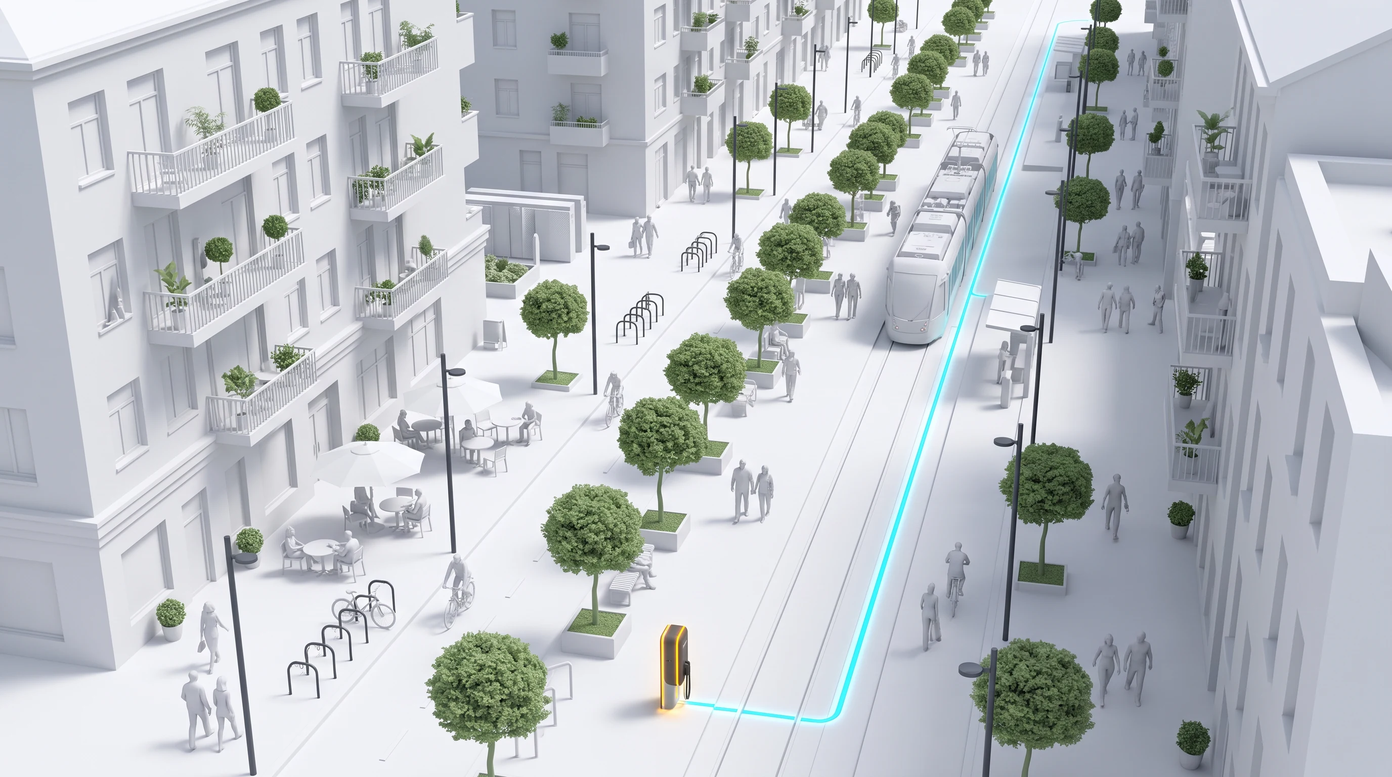 Nordic Diorama 3D animation style: High-key architectural miniature 3D: matte white buildings and mannequins, sponge green trees and glowing energy lines.