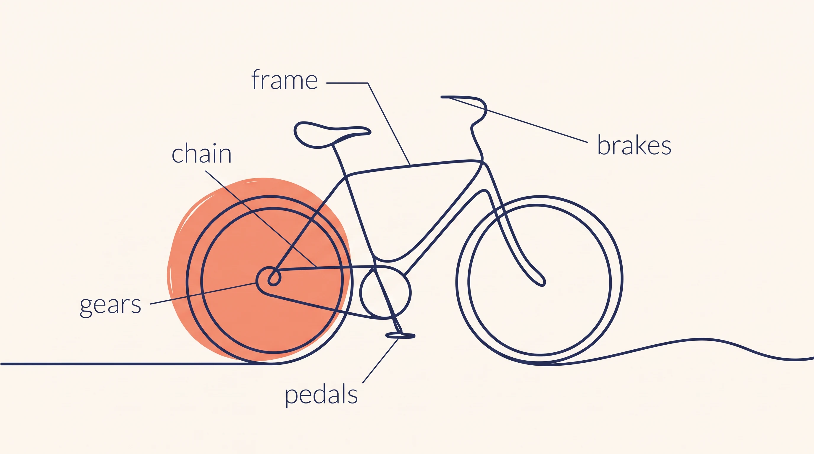 The anatomy of a bicycle, in the One Line Drawing style