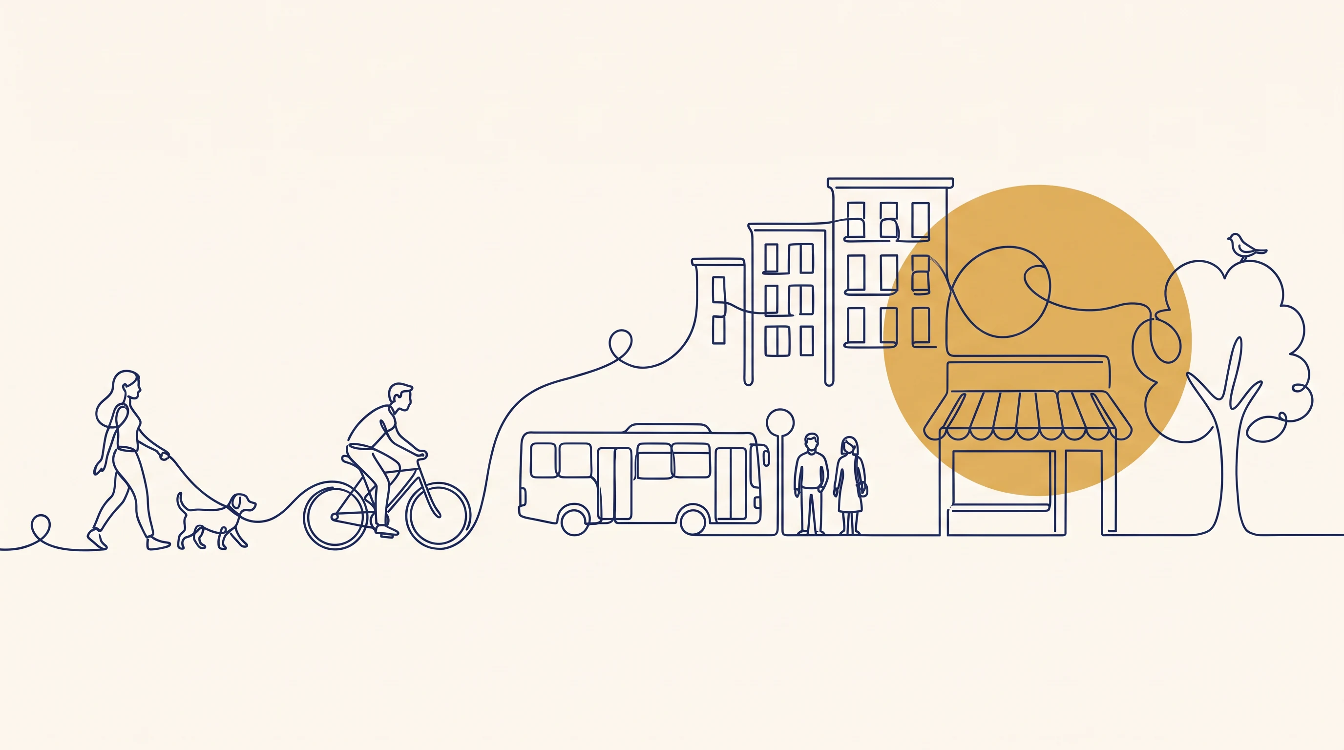 A city morning in one line, in the One Line Drawing style