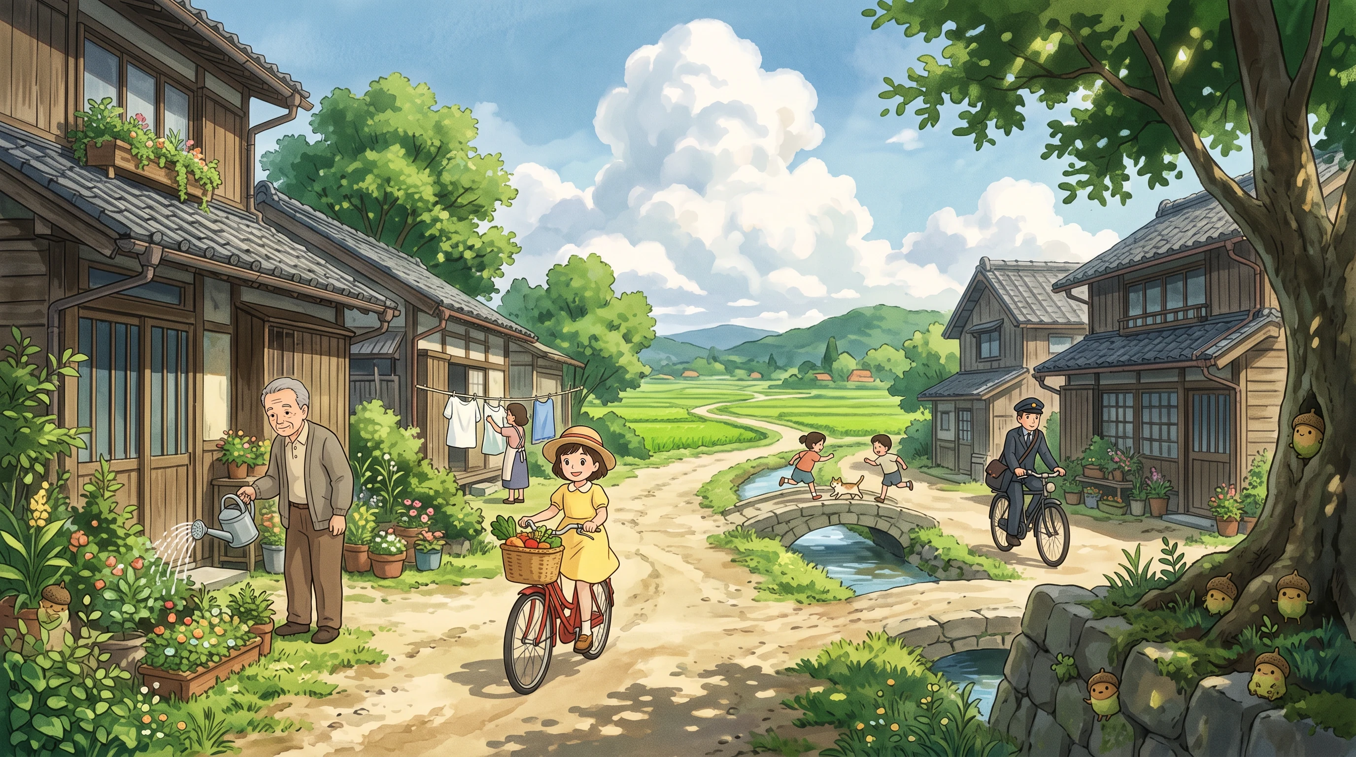 Painterly Countryside Anime animation style: Warm hand painted countryside anime: lush meadows, big clouds, cosy villages, gentle characters and little forest sprites.