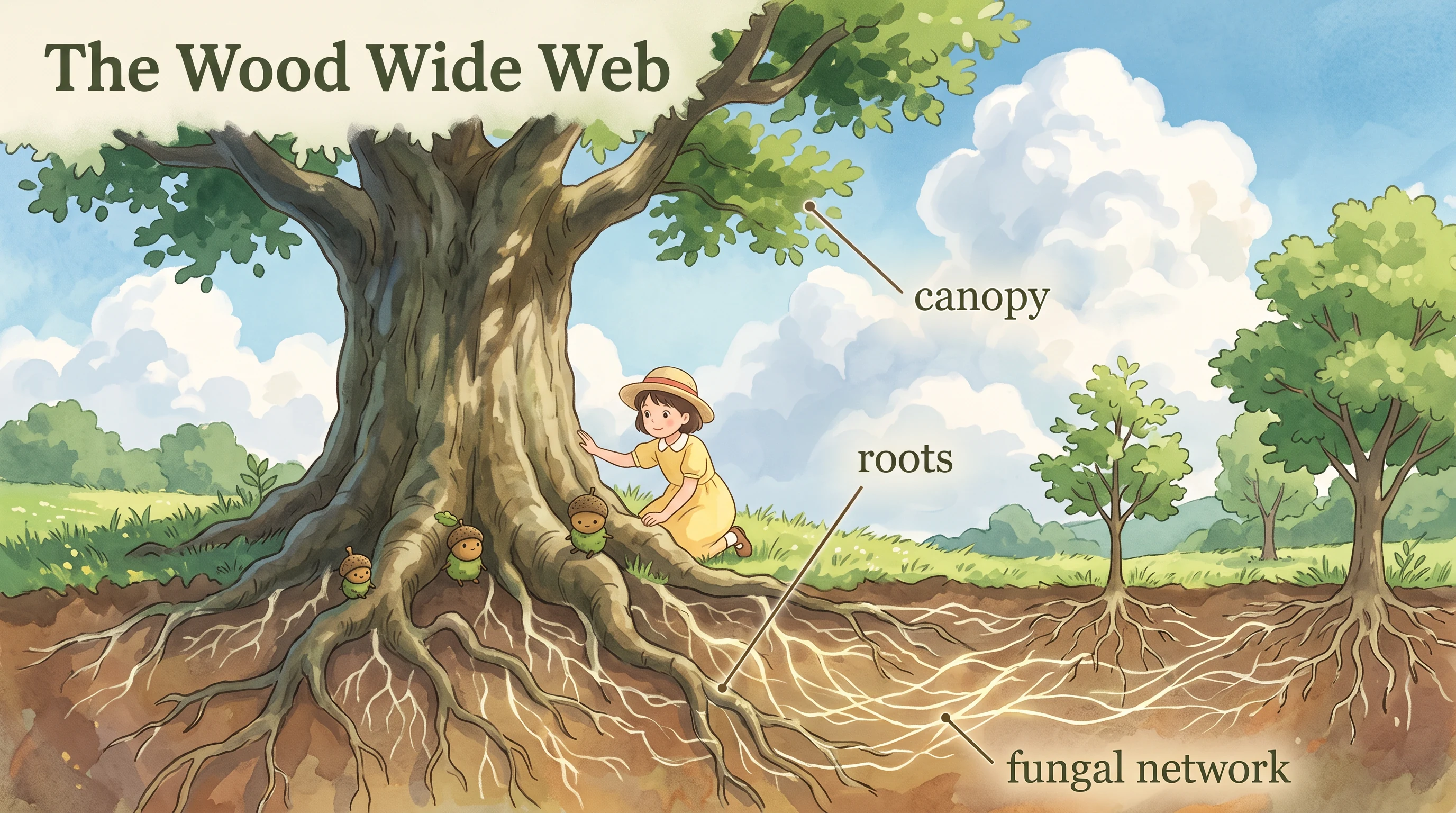 The wood wide web, in the Painterly Countryside Anime style