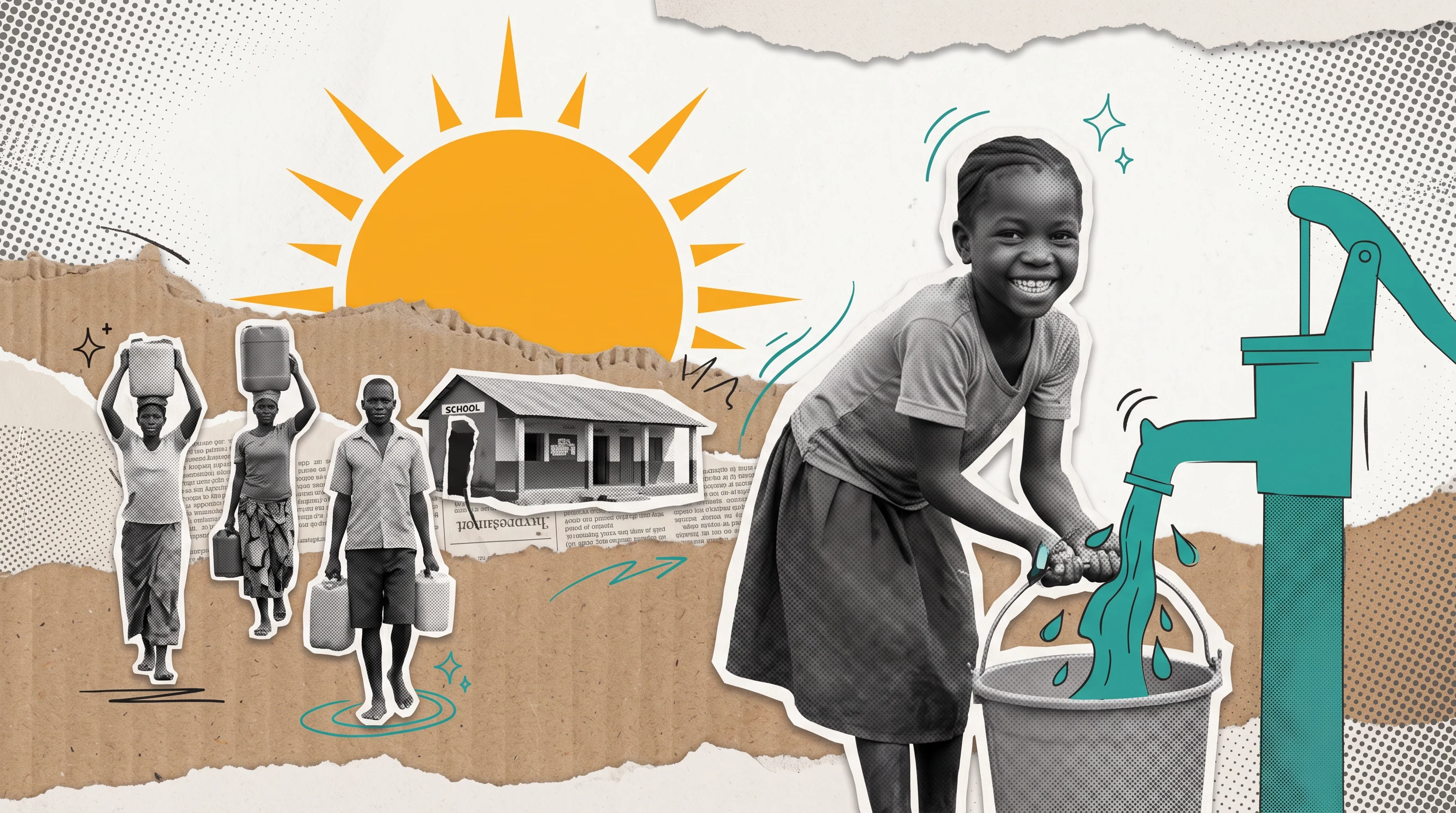 Clean water in the village, in the Paper Cutout Collage style