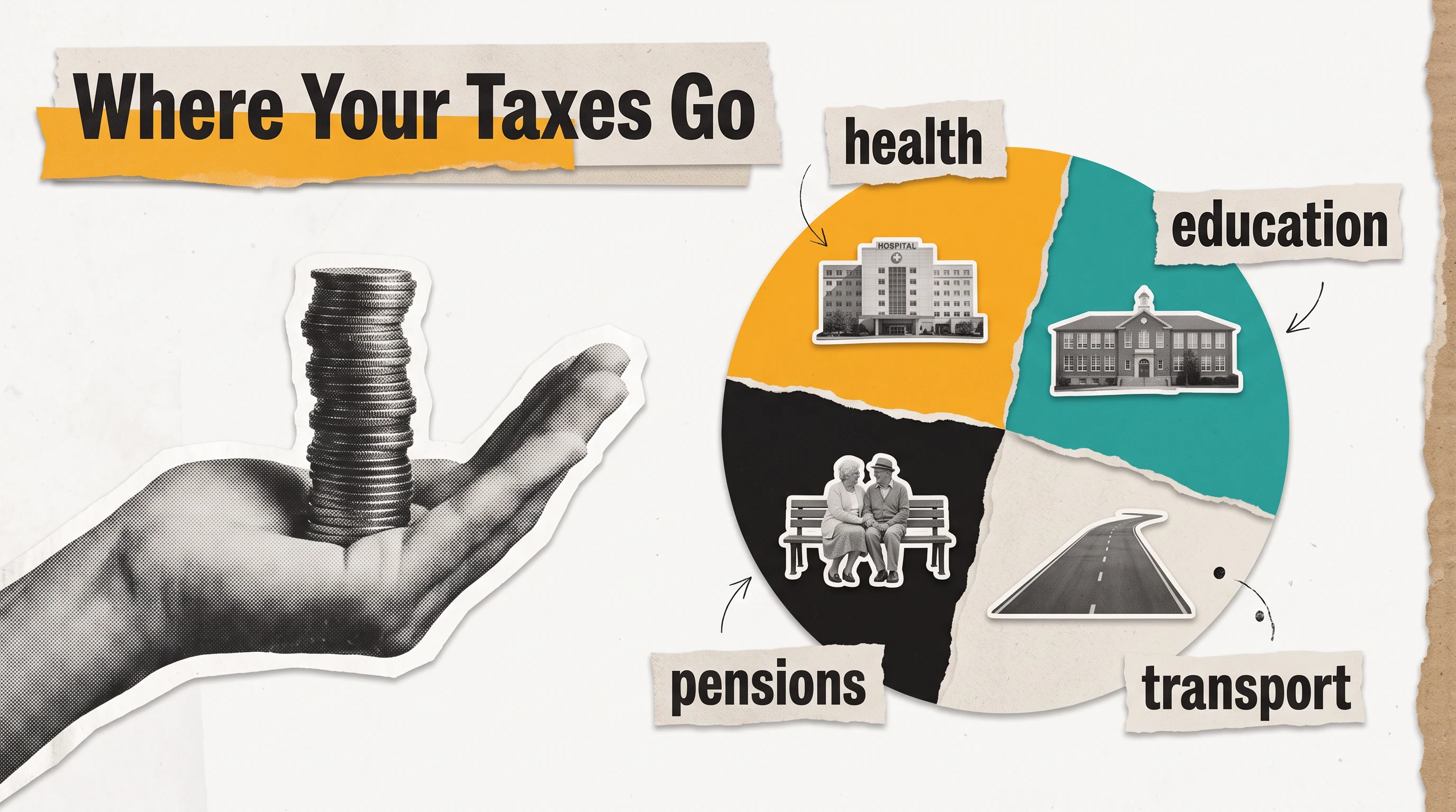 Where your taxes go, in the Paper Cutout Collage style
