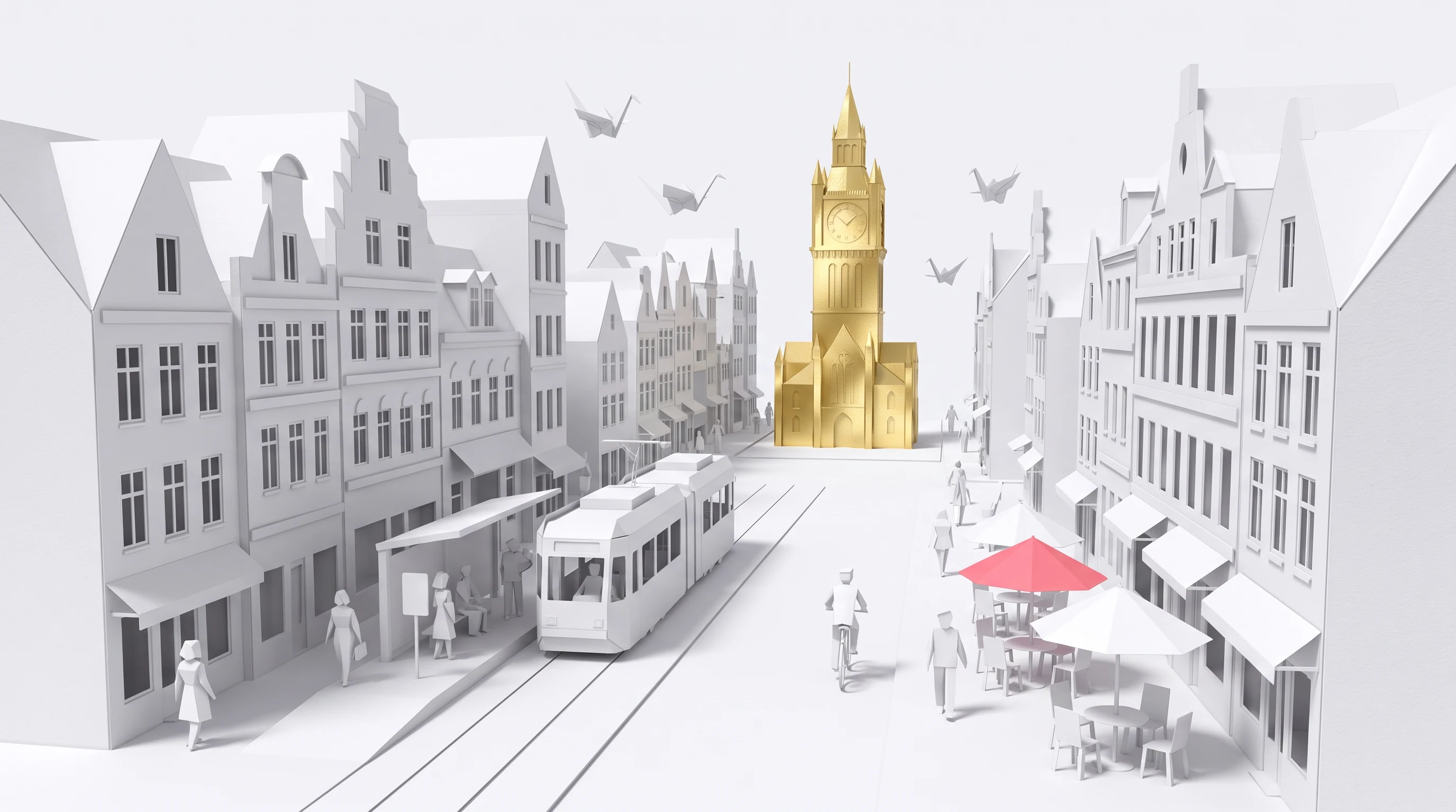 Papercraft Origami animation style: Pure white papercraft that folds and pops up into cities, venues and ideas, with gold foil on the one thing that matters.