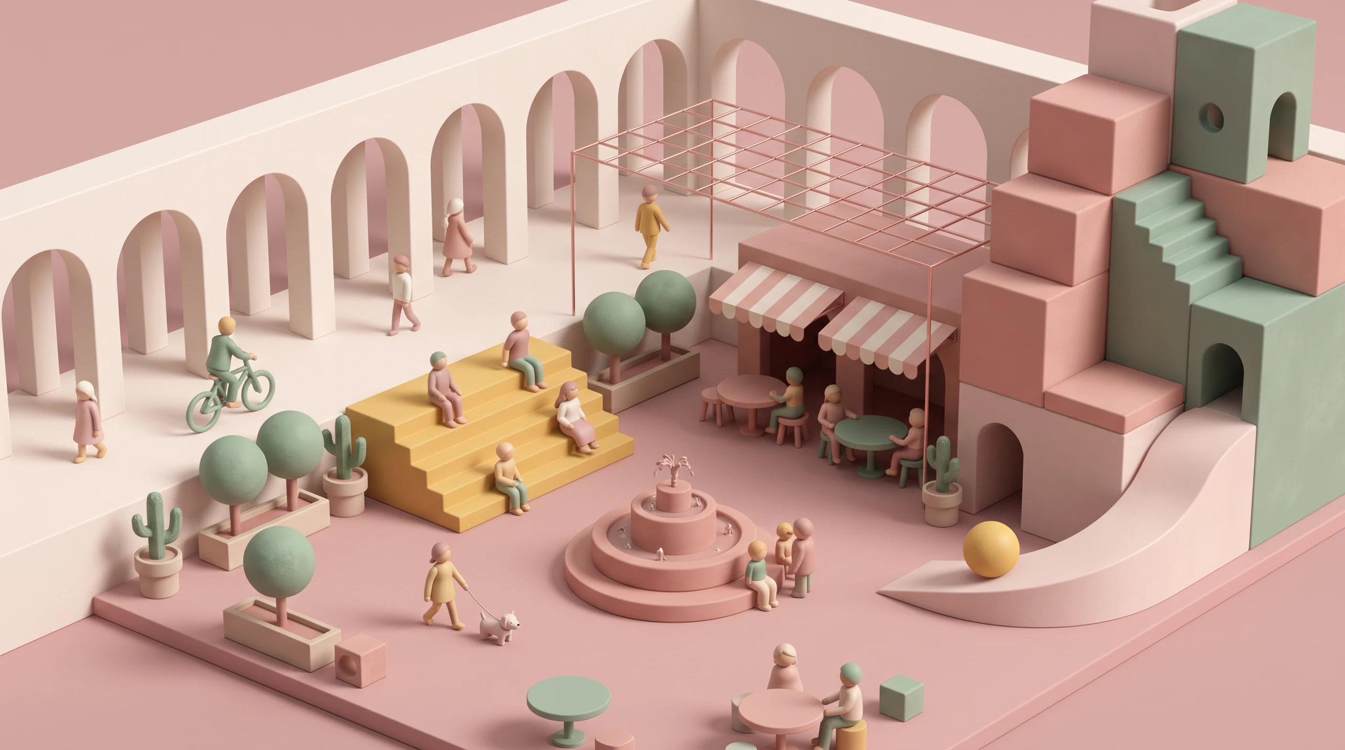 Pastel Stop Motion animation style: Tactile pastel architecture in stop motion: arches, ramps and blocks stacked into playful buildings on dusty rose.