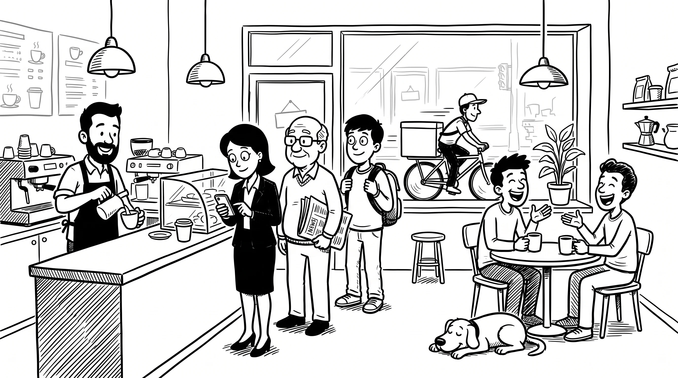 A morning at the neighbourhood coffee shop, in the Pure Ink Whiteboard style