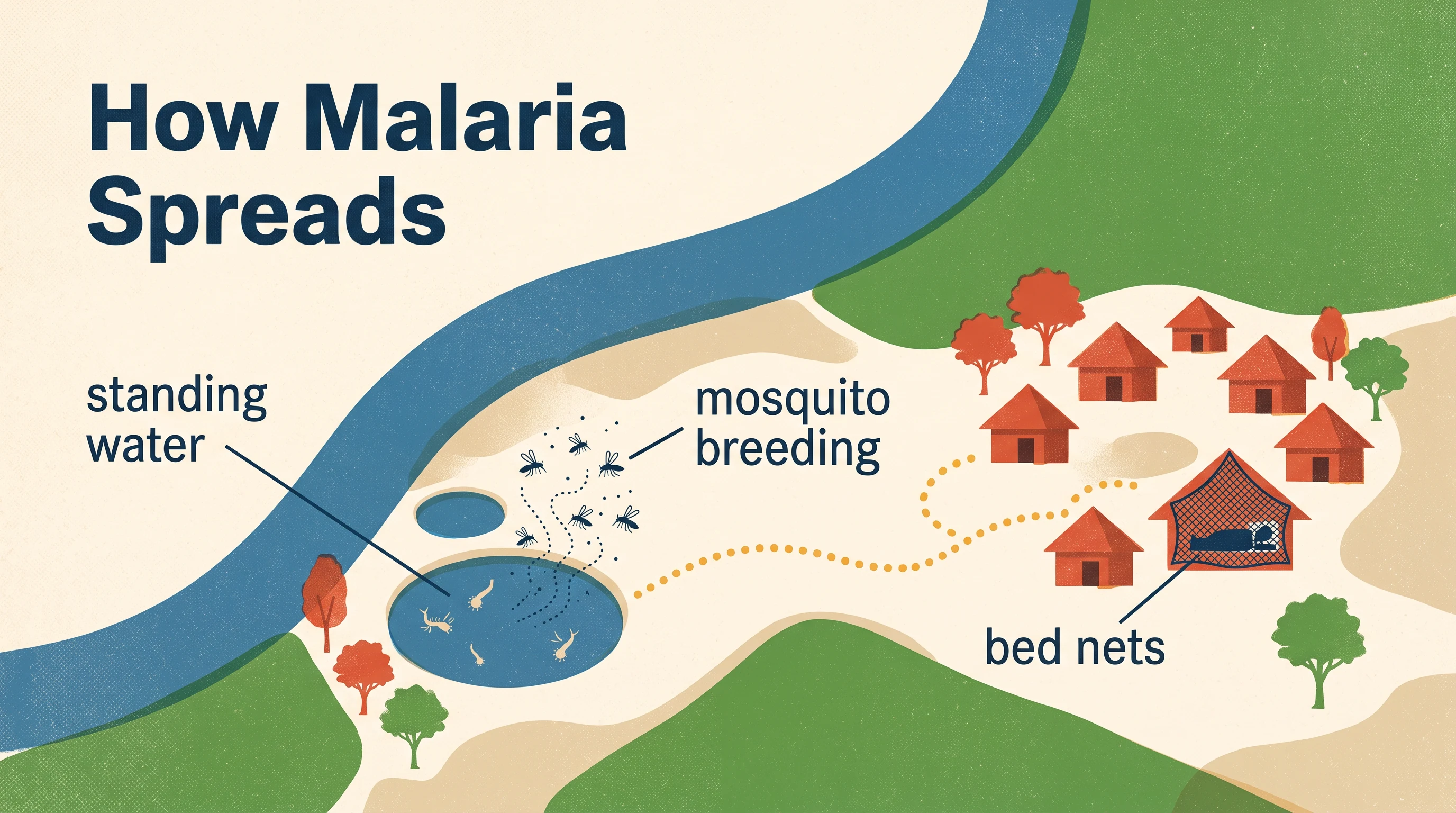 How malaria spreads, in the Risograph Editorial style