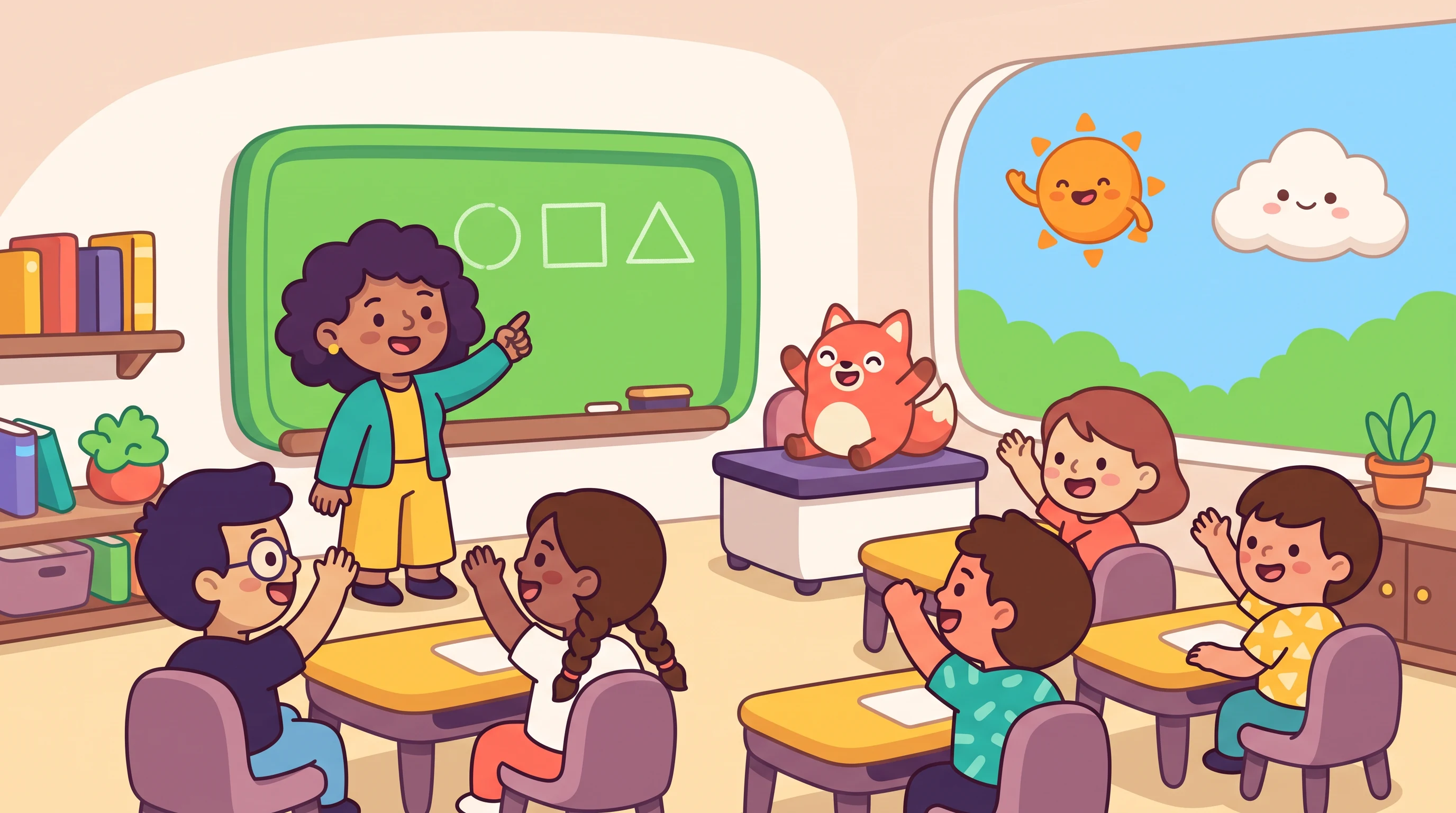 A happy classroom, in the Rounded Mascot style