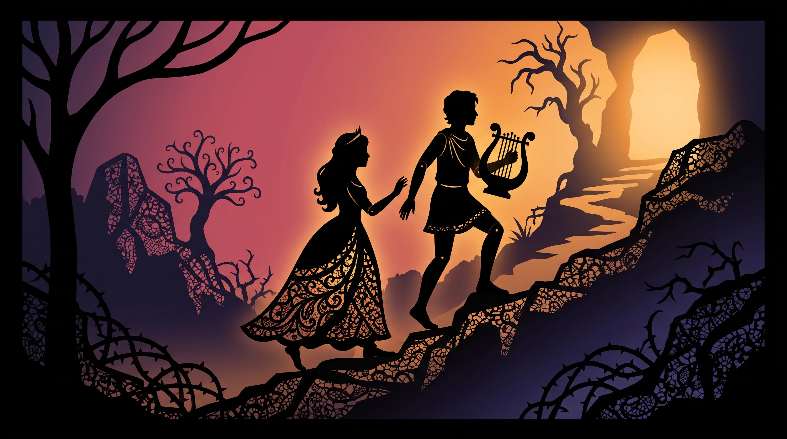 Silhouette Shadow Puppet animation style: Lace fine black cut paper silhouettes in profile against glowing amber and rose skies, like a lantern lit puppet theatre.