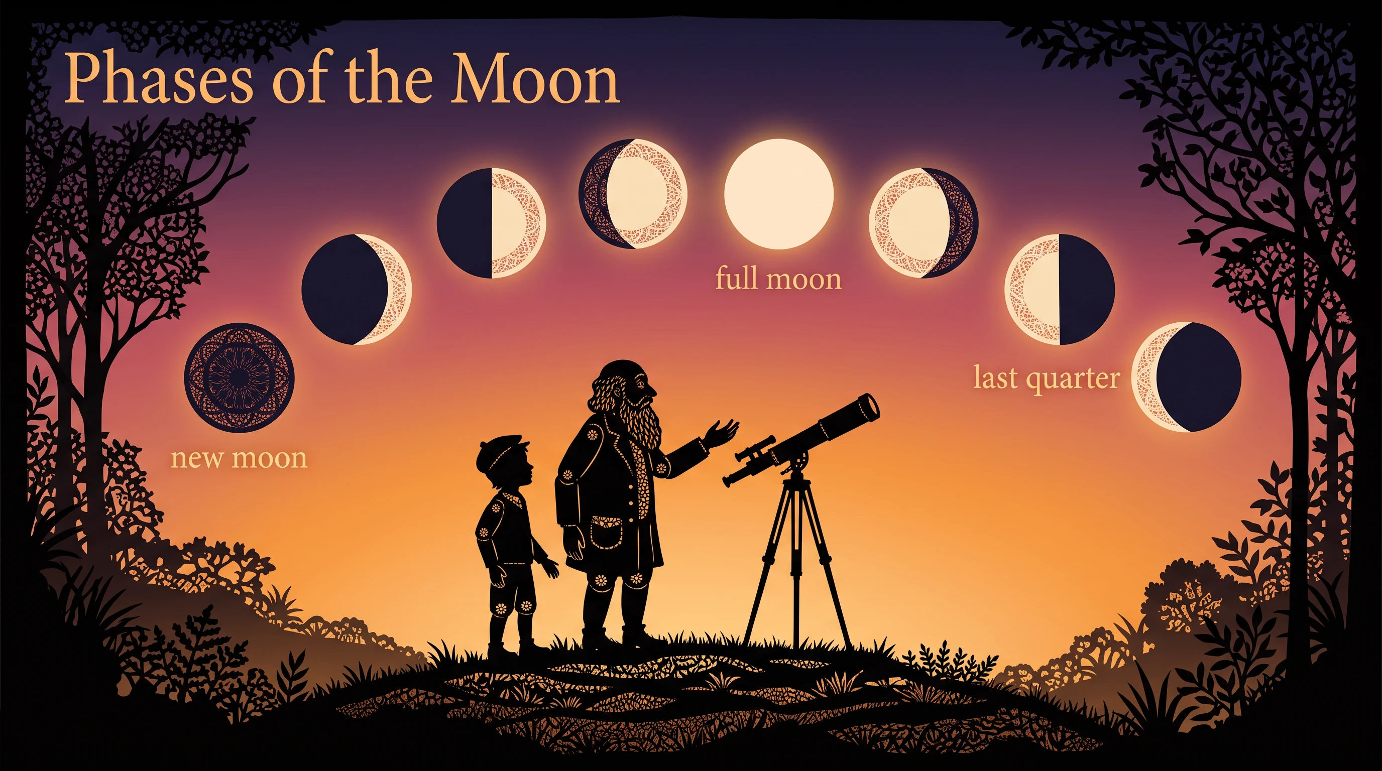Phases of the Moon, in the Silhouette Shadow Puppet style