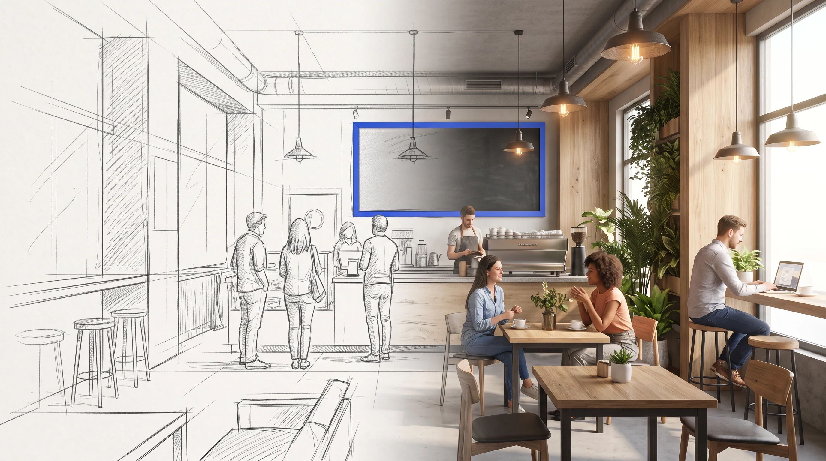 Designing a café, from sketch to opening day, in the Sketch to Render style