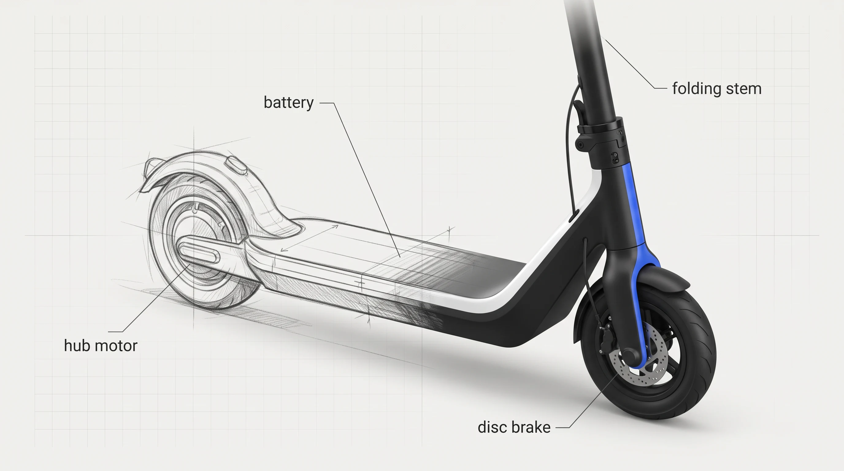 The anatomy of an electric scooter, in the Sketch to Render style