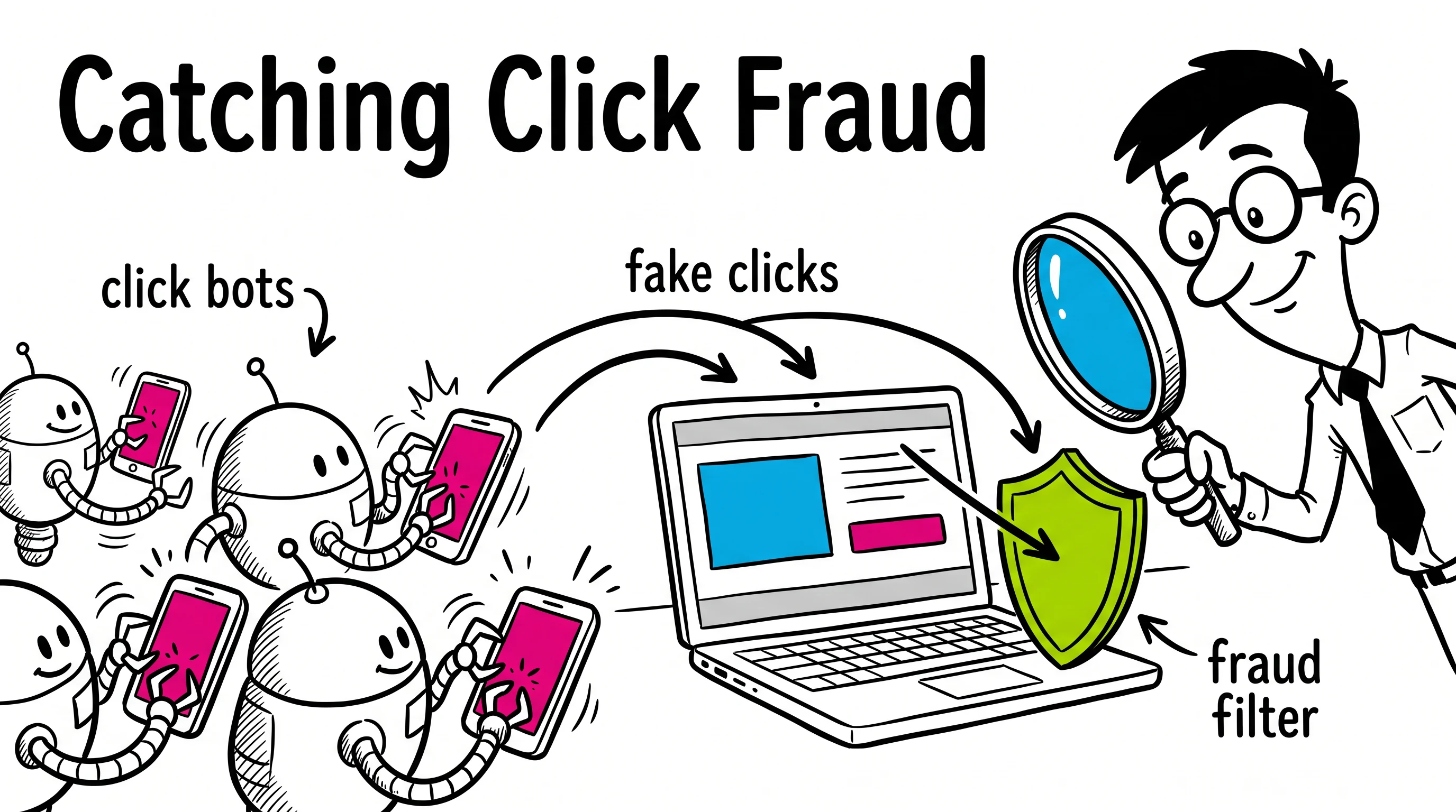 Catching click fraud, in the Spot Color Caricature Whiteboard style