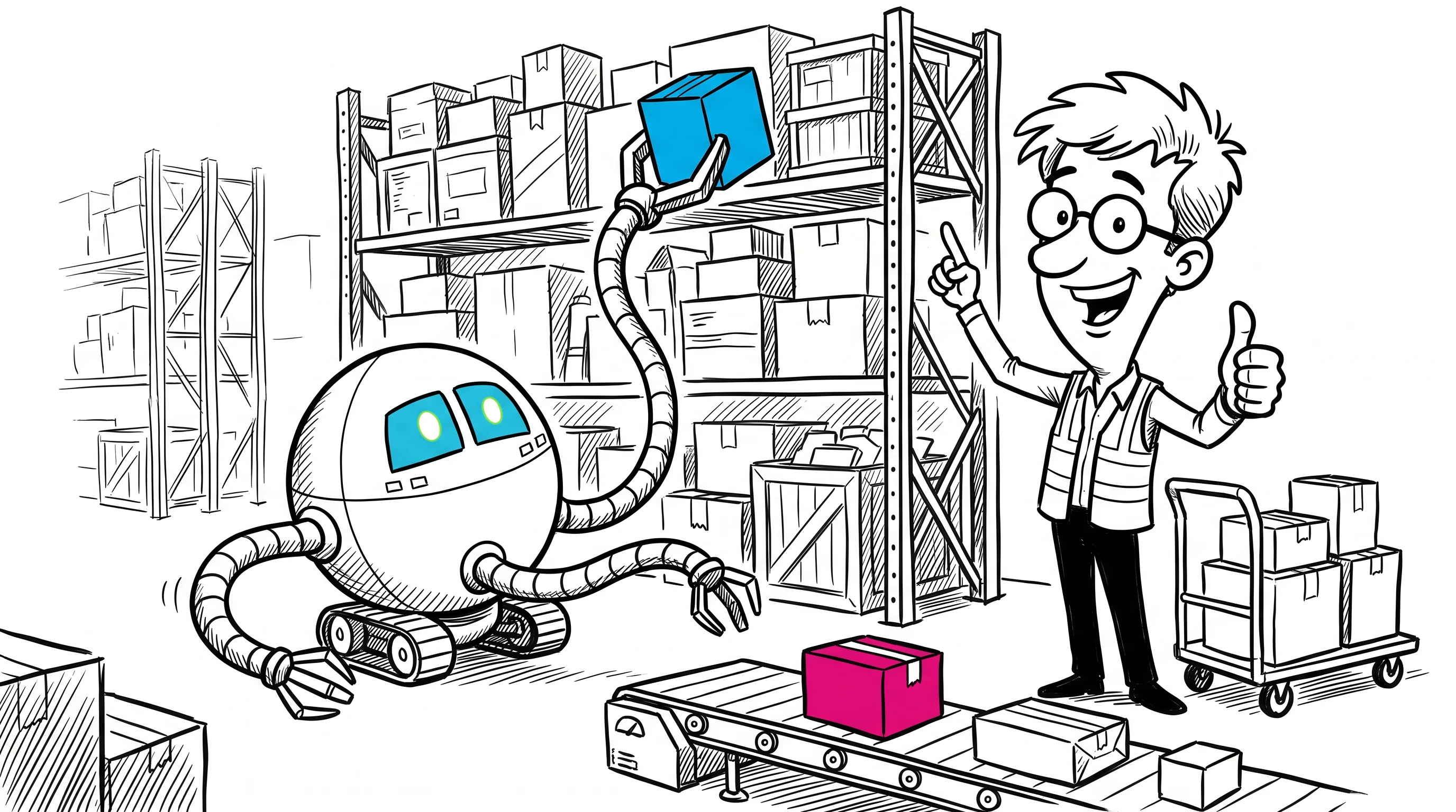 Spot Color Caricature Whiteboard animation style: Big headed comic caricatures and whimsical machines drawn live on white, lit up with cyan, magenta and lime.