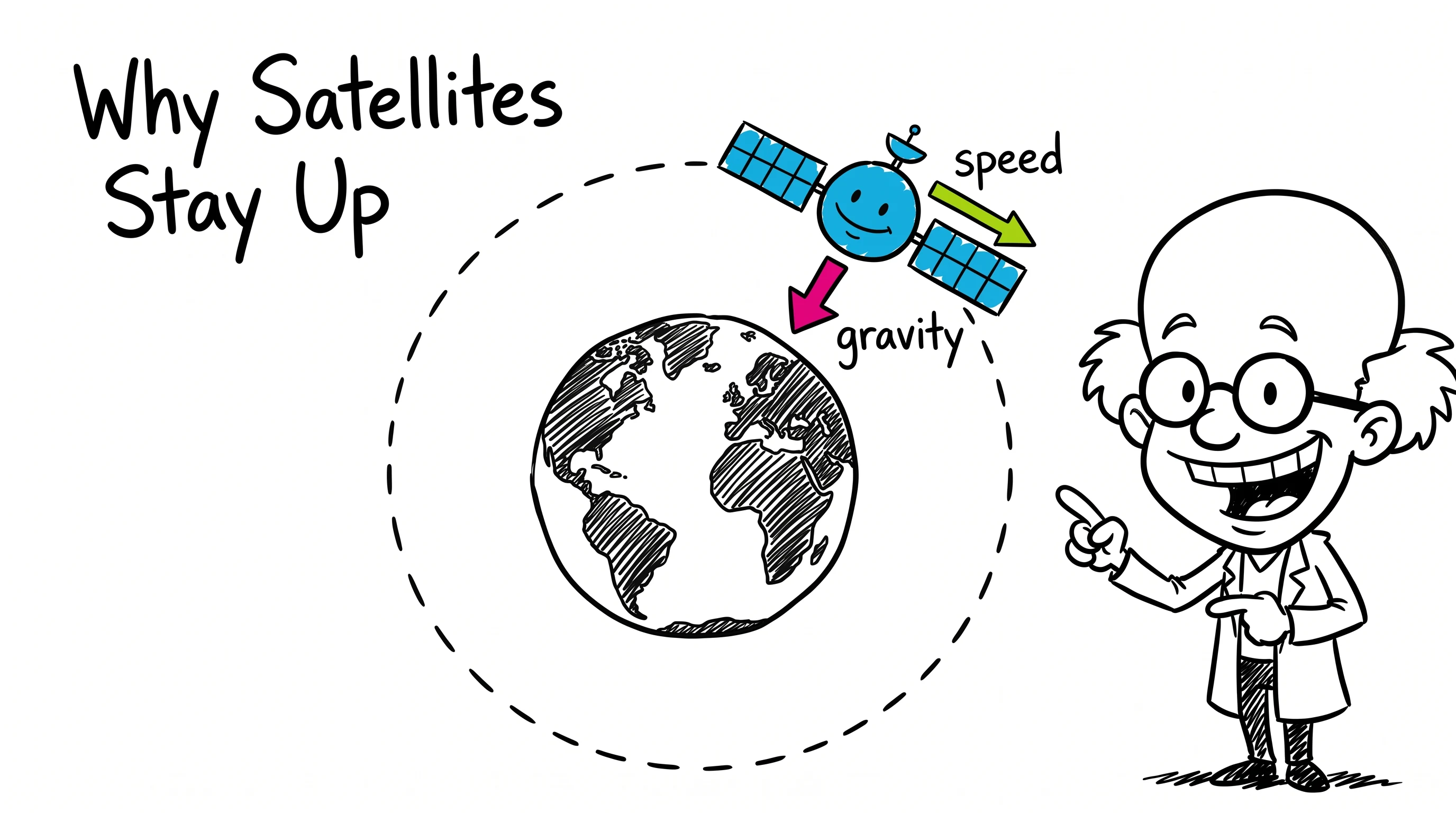 Why satellites stay up, in the Spot Color Caricature Whiteboard style