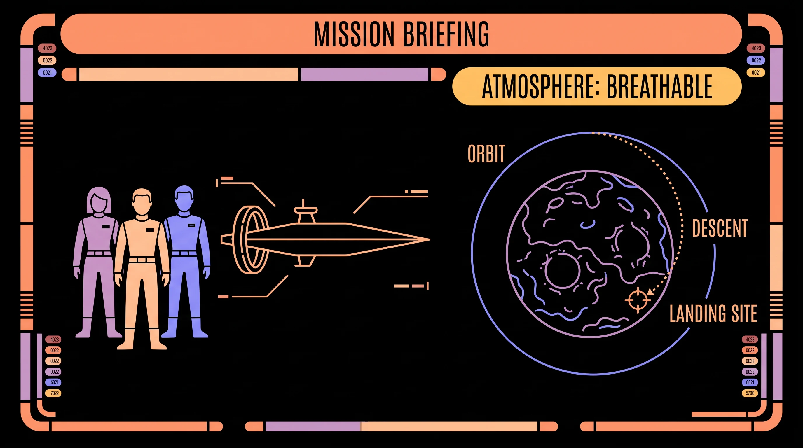 Starship Console animation style: A retro futuristic starship computer interface: rounded elbow bars, pill buttons and flat schematics on black.