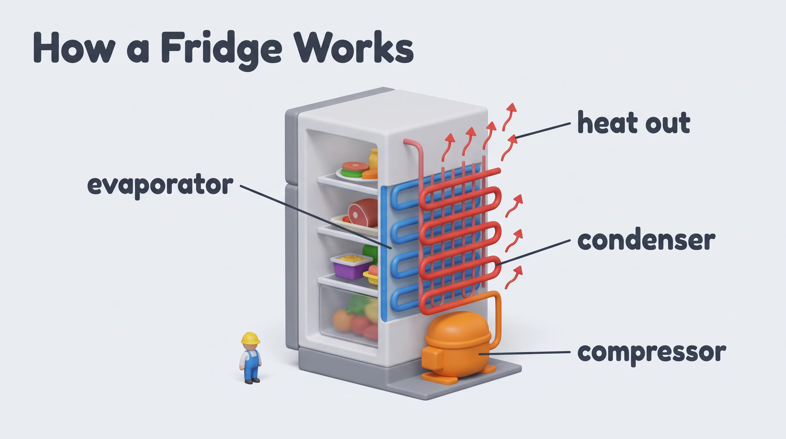 How a fridge works, in the Toon 3D Cutaway style