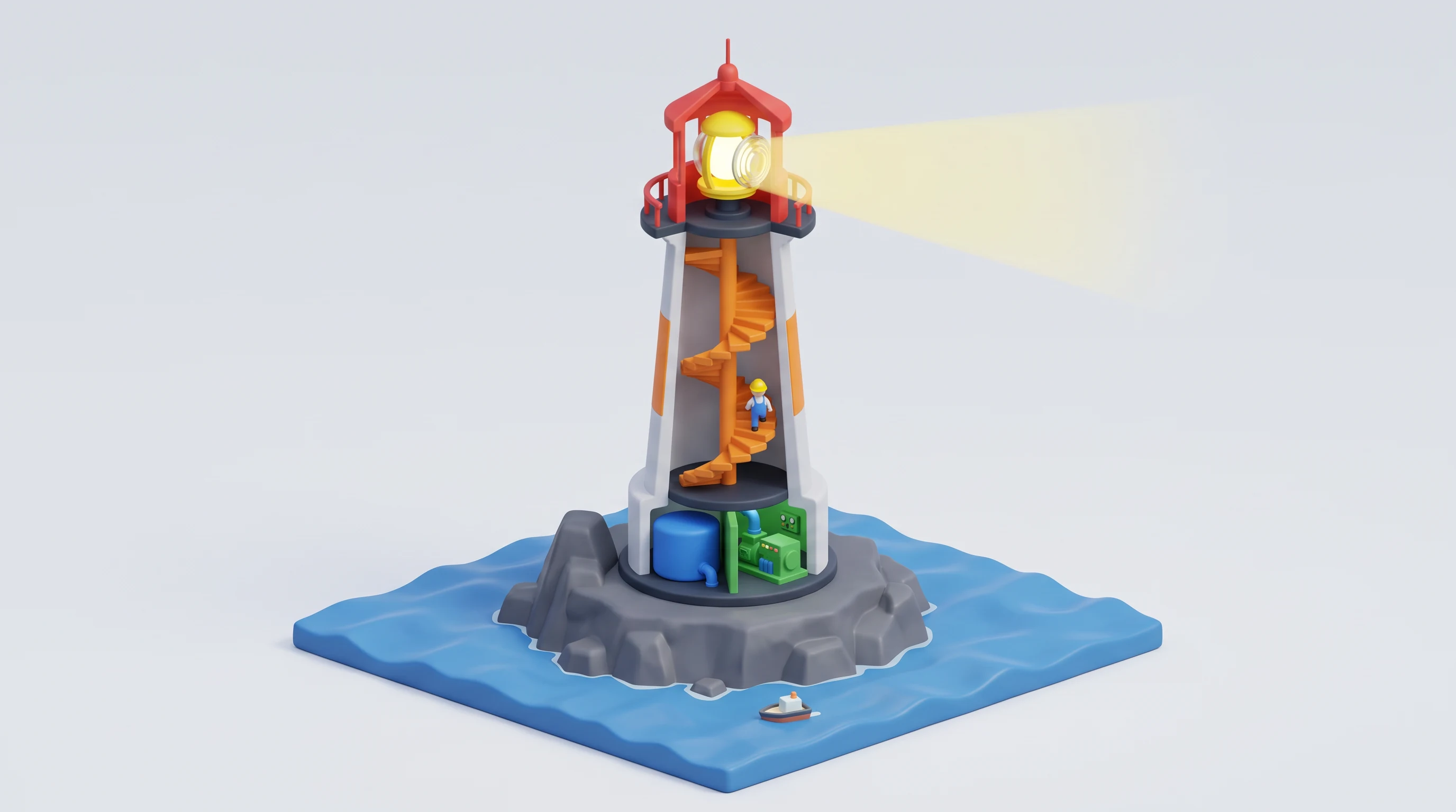 Toon 3D Cutaway animation style: Bright, simplified 3D models cut open to show how things work, with parts coloured by function.