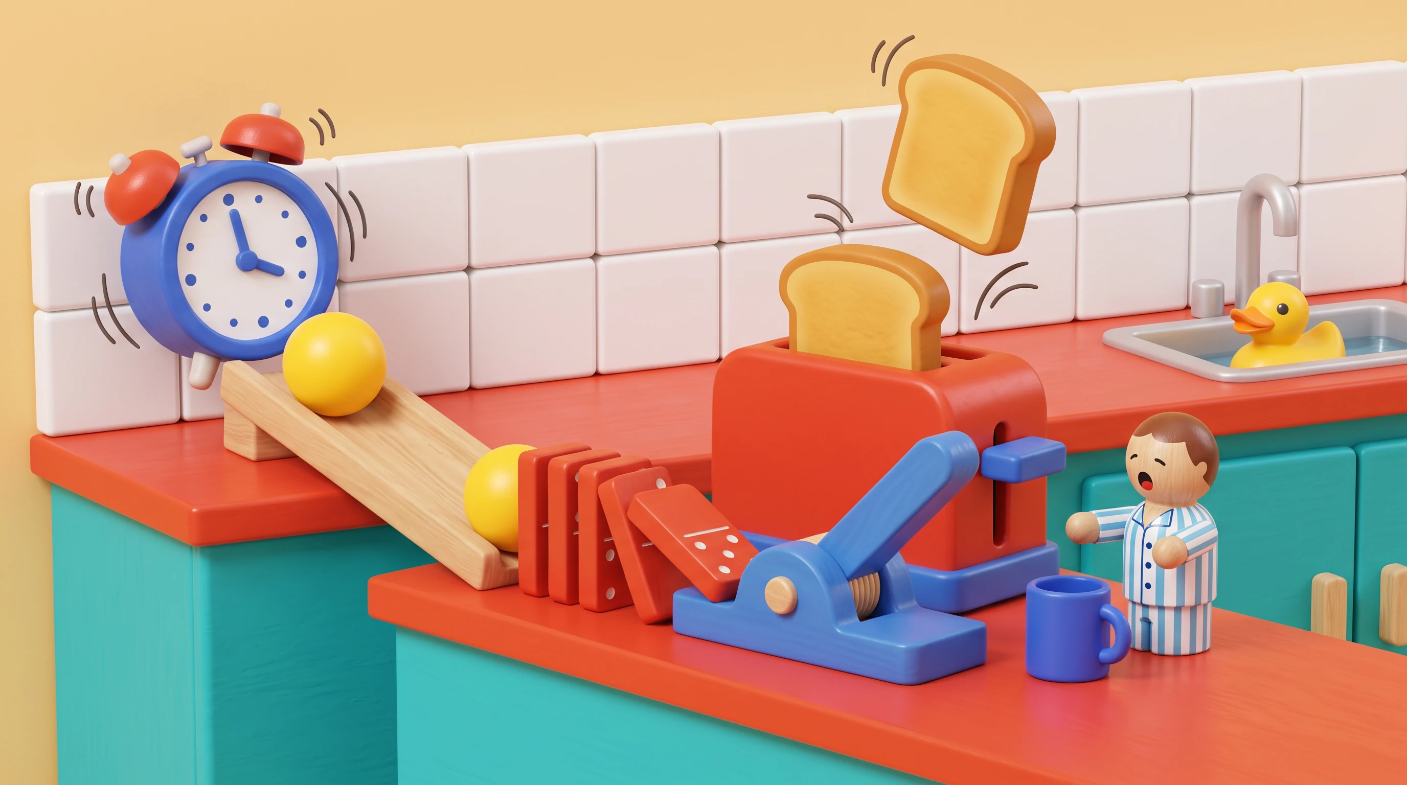 Toy Chain Reaction animation style: Chunky 3D toys in turquoise and red set off chain reactions that show exactly how things work.