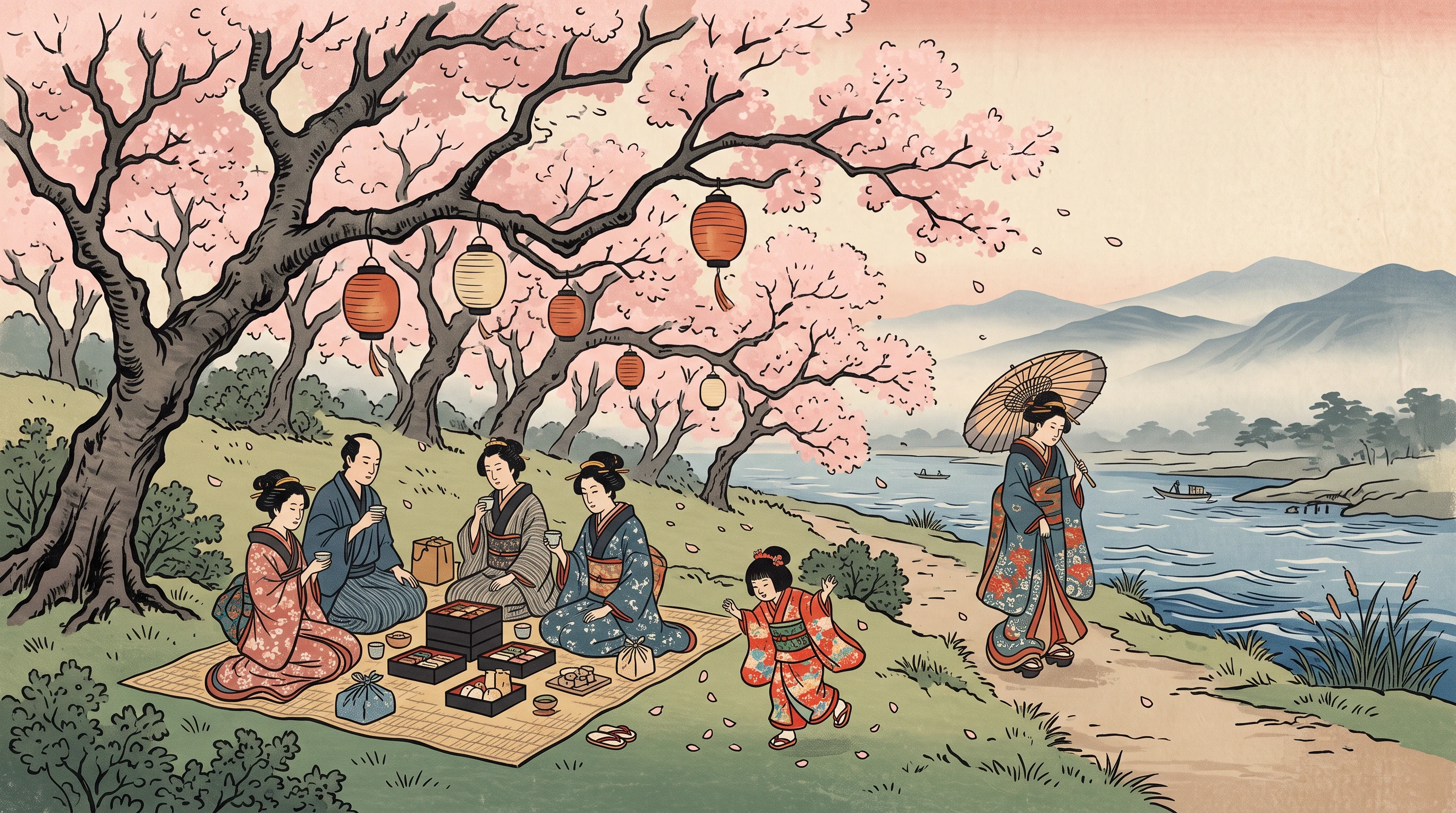 Ukiyo-e Woodblock animation style: Japanese woodblock prints with flowing key lines, Prussian blue waves, misty mountains and soft graded skies.