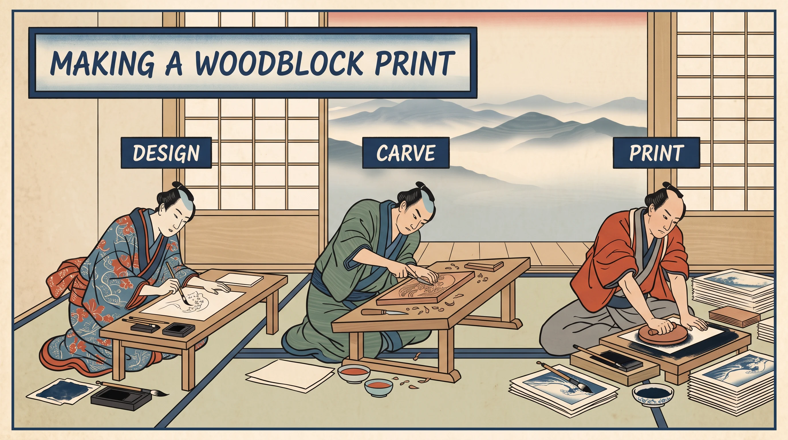 Making a woodblock print, in the Ukiyo-e Woodblock style