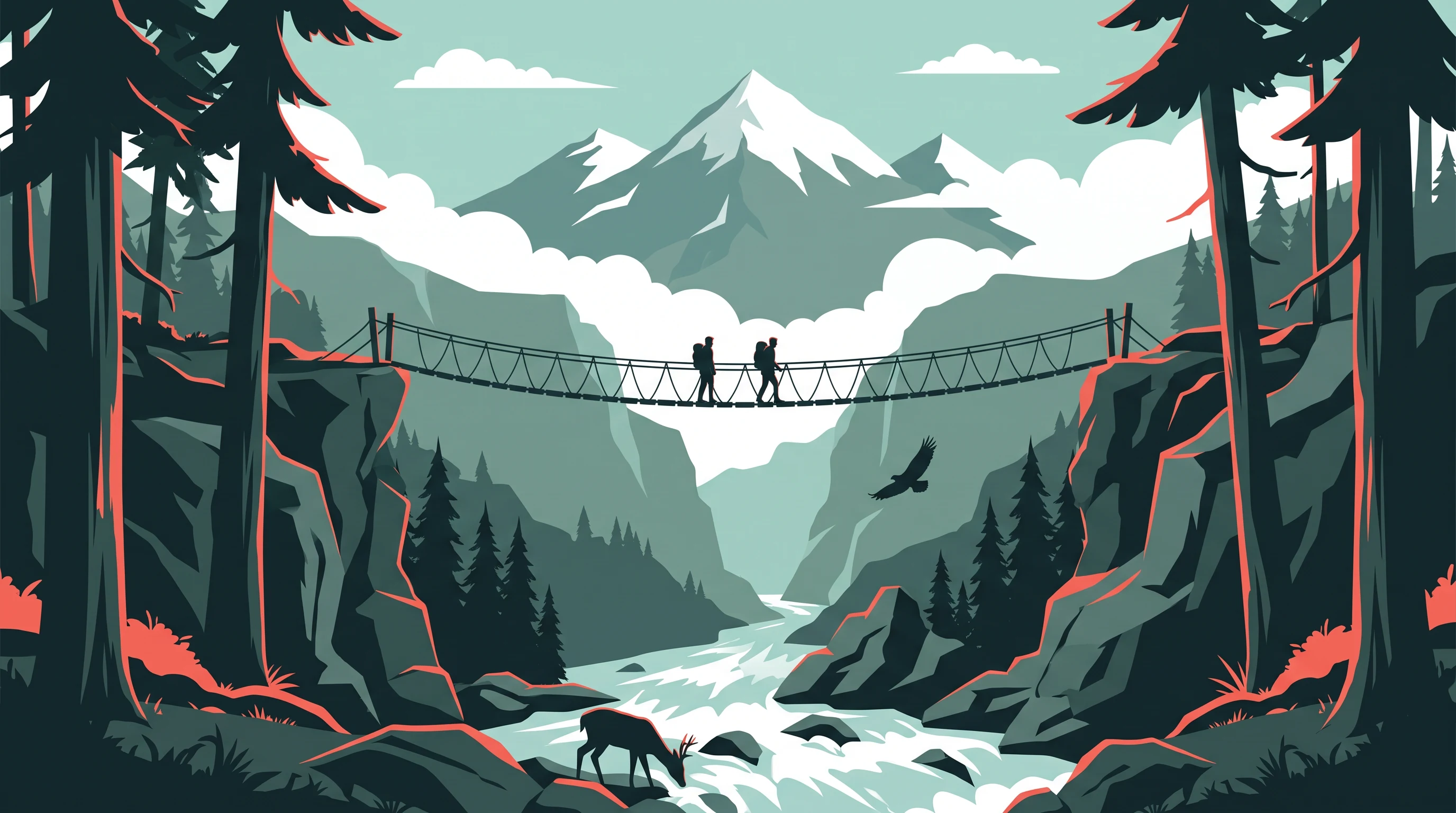 Vector Parallax animation style: Calm layered vector landscapes with a coral rim light: mountains, rivers and forests built for parallax.