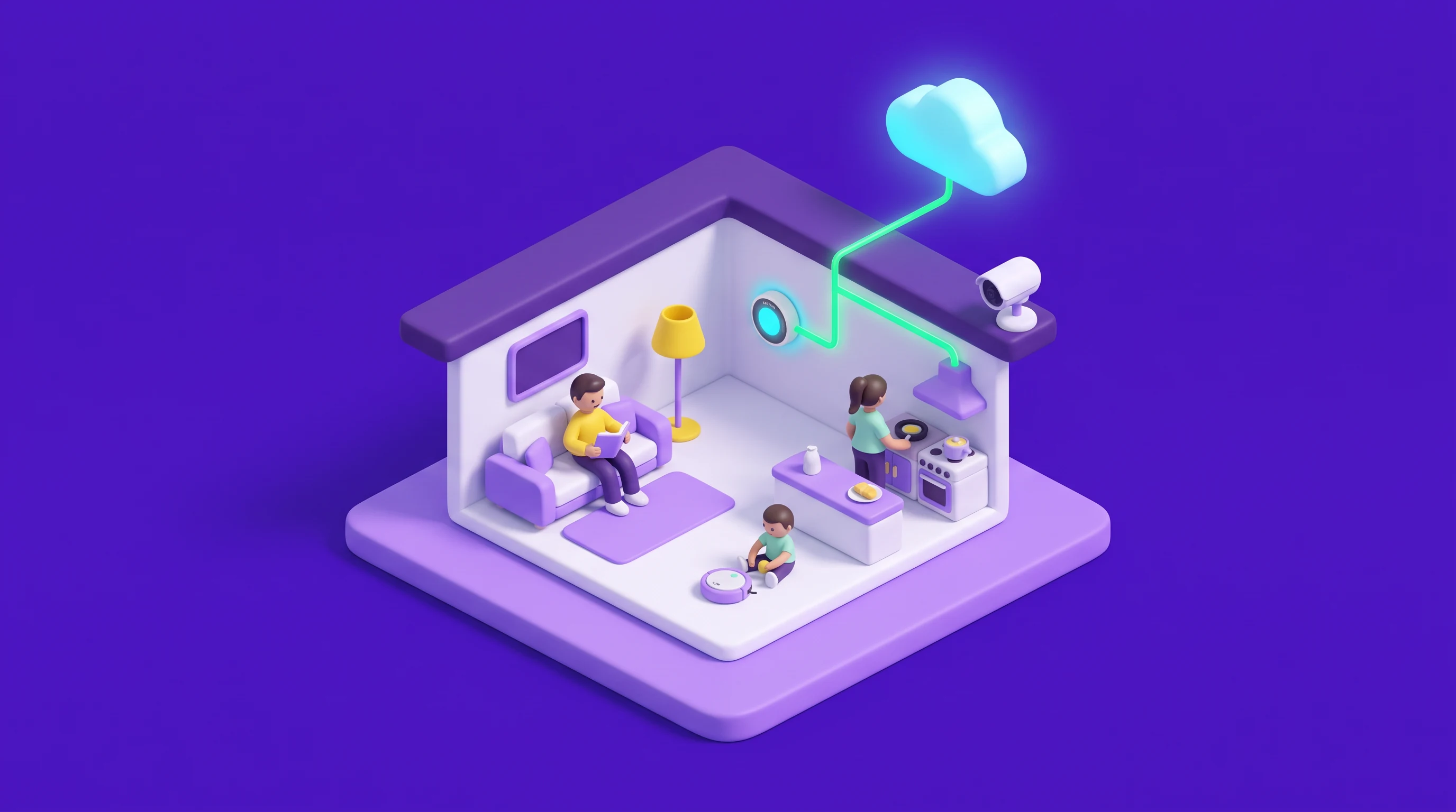 A connected smart home, in the Violet Clay Isometric style