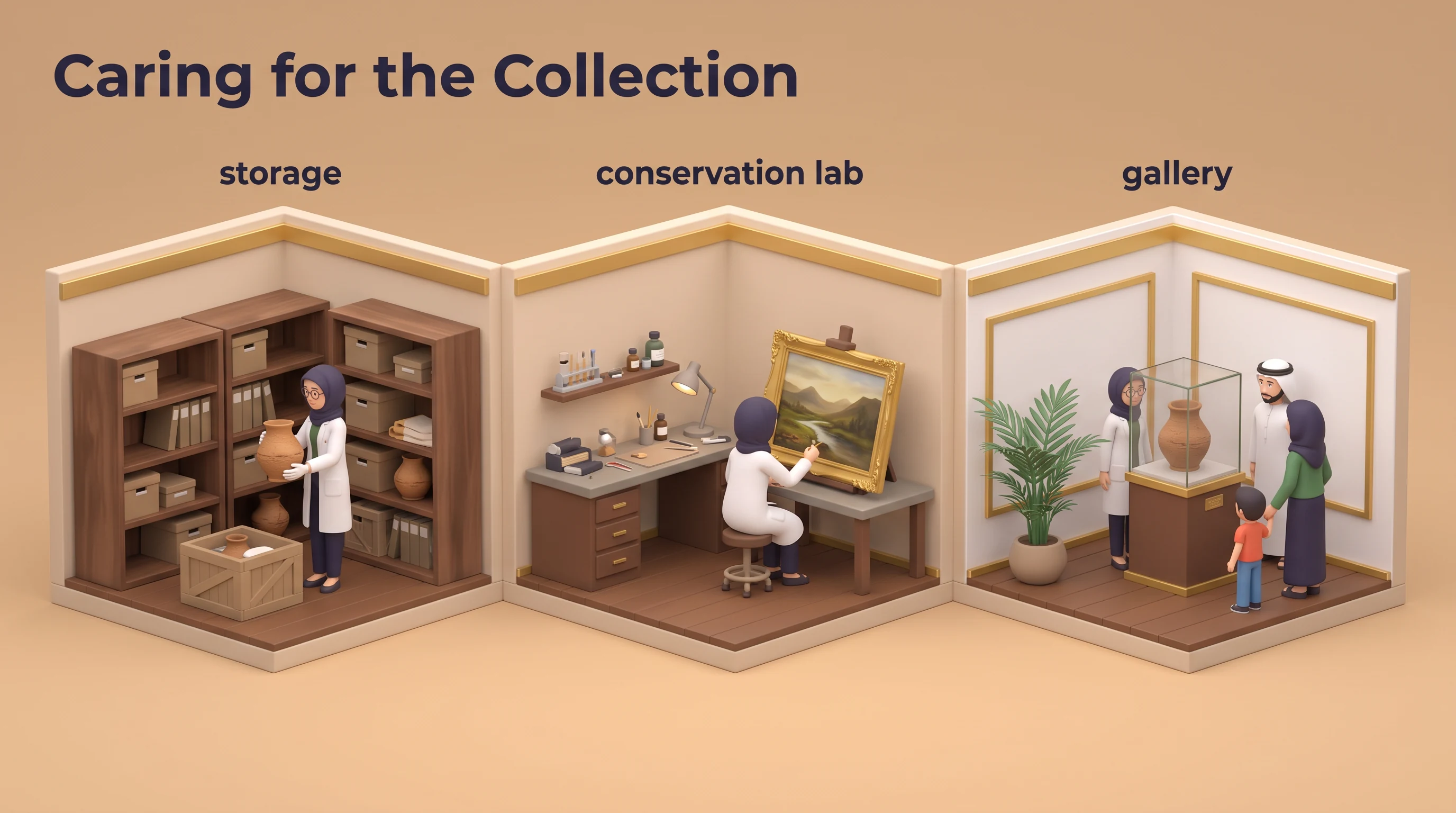 Warm Museum Diorama 3D animation style: Gentle stylized 3D characters in cutaway rooms of warm sand, satin wood and brushed gold.