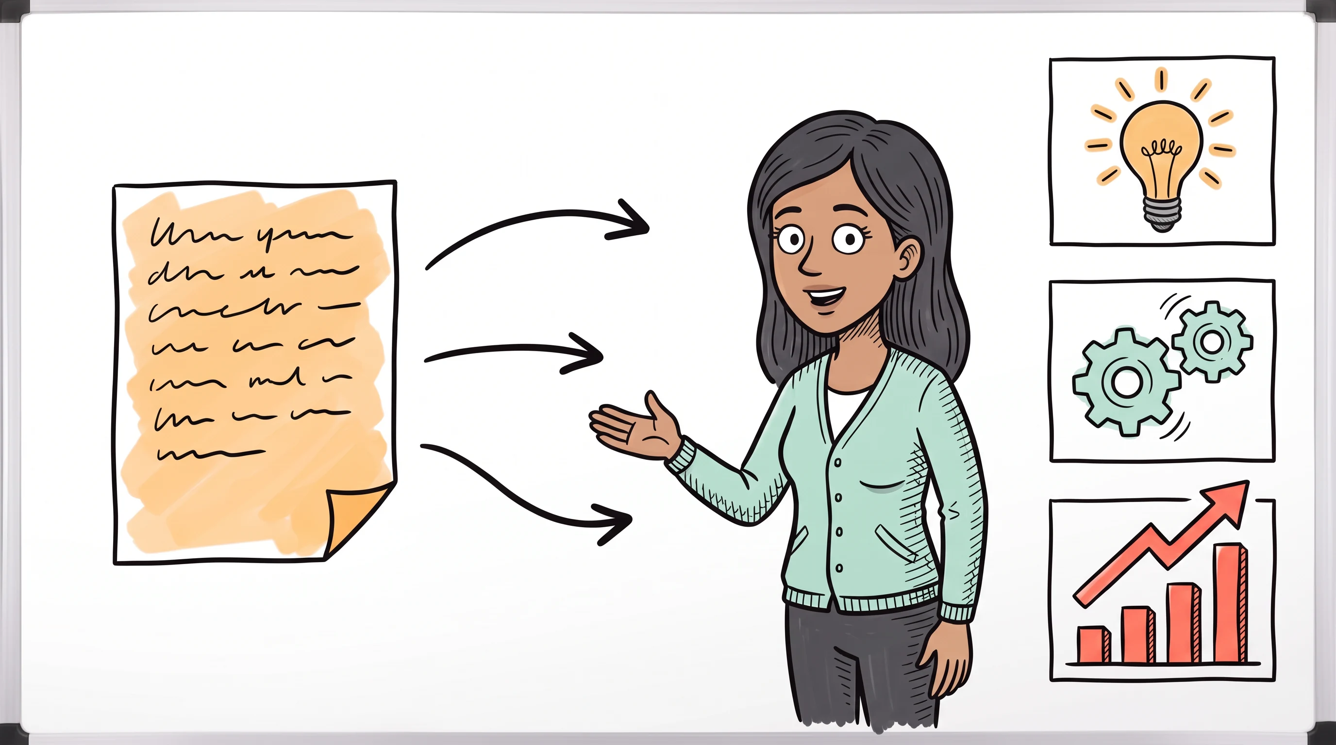 Whiteboard animation of a presenter turning a written script into drawn scenes: a lightbulb, gears and a rising bar chart